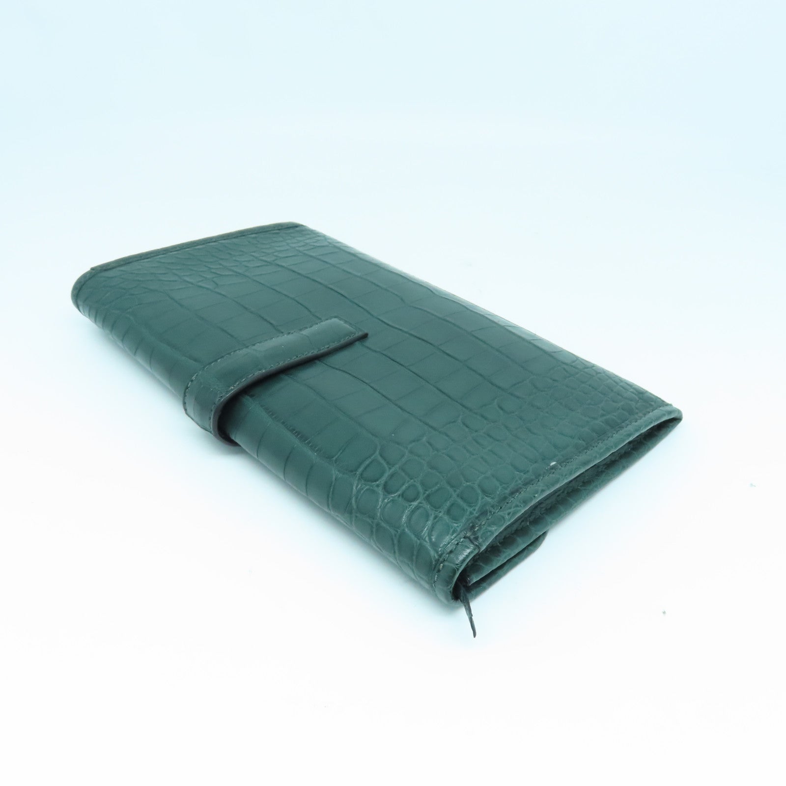 HERMES 鳄鱼皮革Jige Duo Wallet银扣长钱包绿色