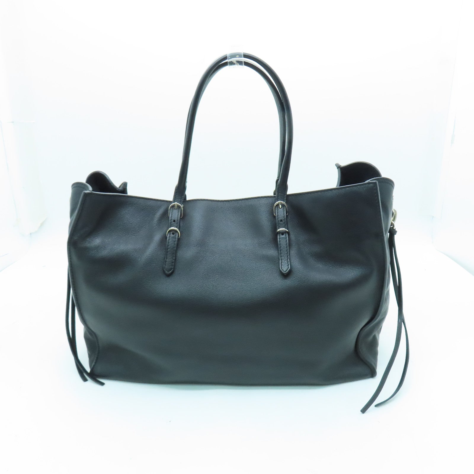 BALENCIAGA Sheepskin Leather Papier A4 Zip Round Silver Buckle Shoulder Bag Black