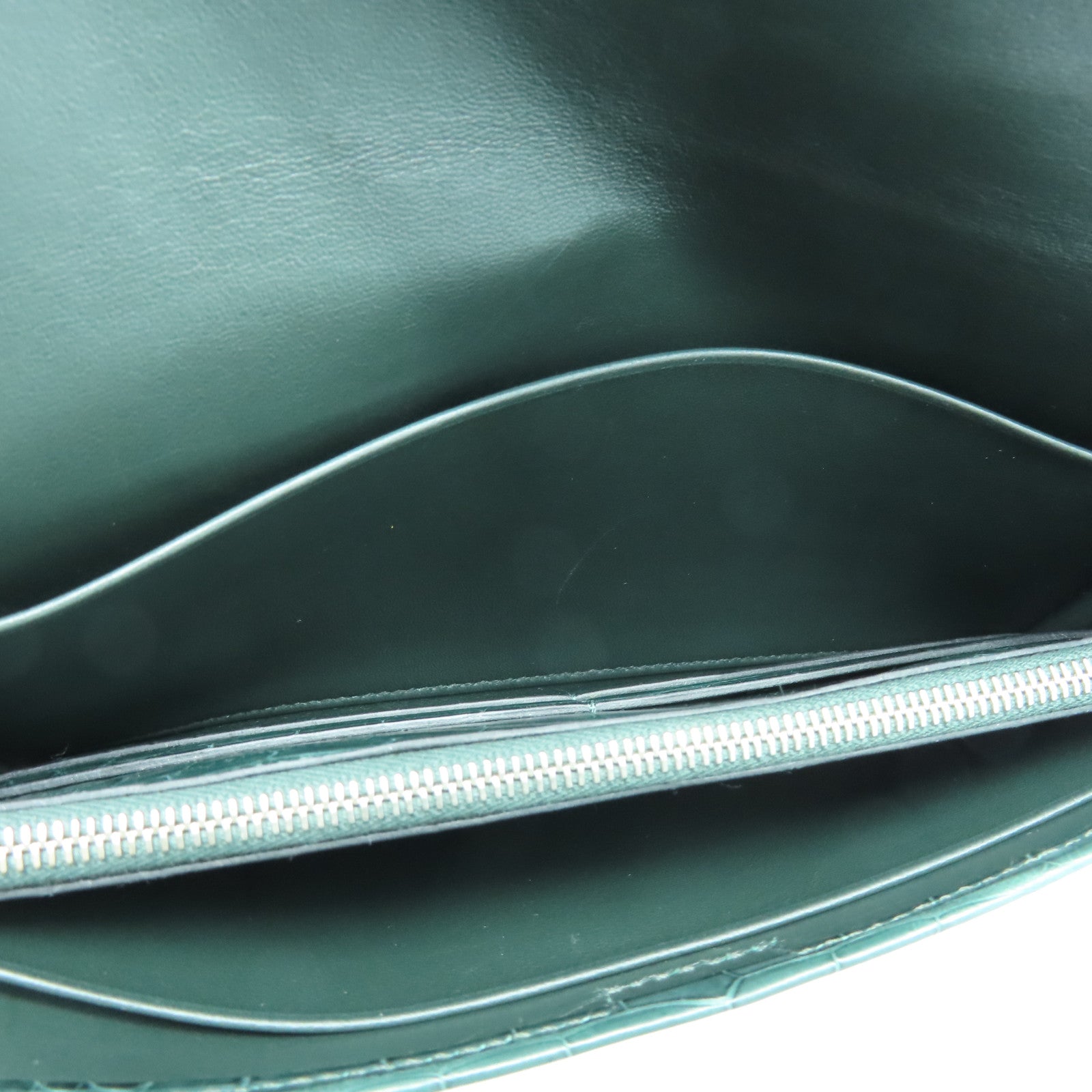 HERMES 鳄鱼皮革Jige Duo Wallet银扣长钱包绿色