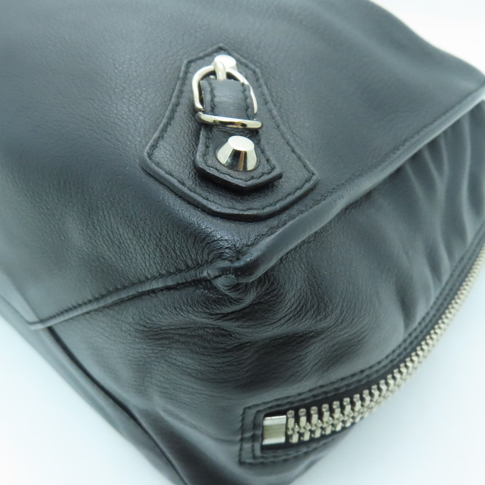 BALENCIAGA Sheepskin Leather Papier A4 Zip Round Silver Buckle Shoulder Bag Black