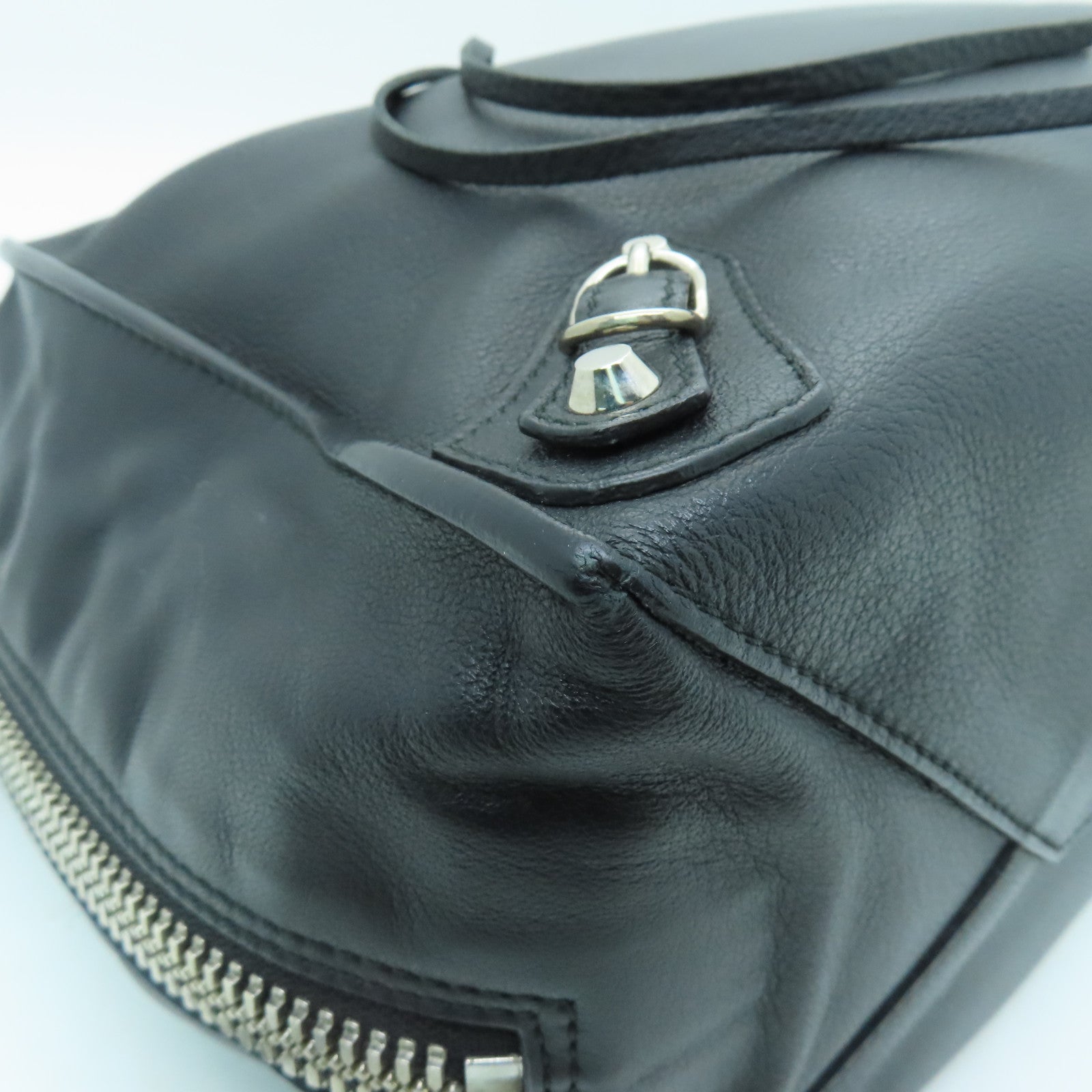 BALENCIAGA Sheepskin Leather Papier A4 Zip Round Silver Buckle Shoulder Bag Black