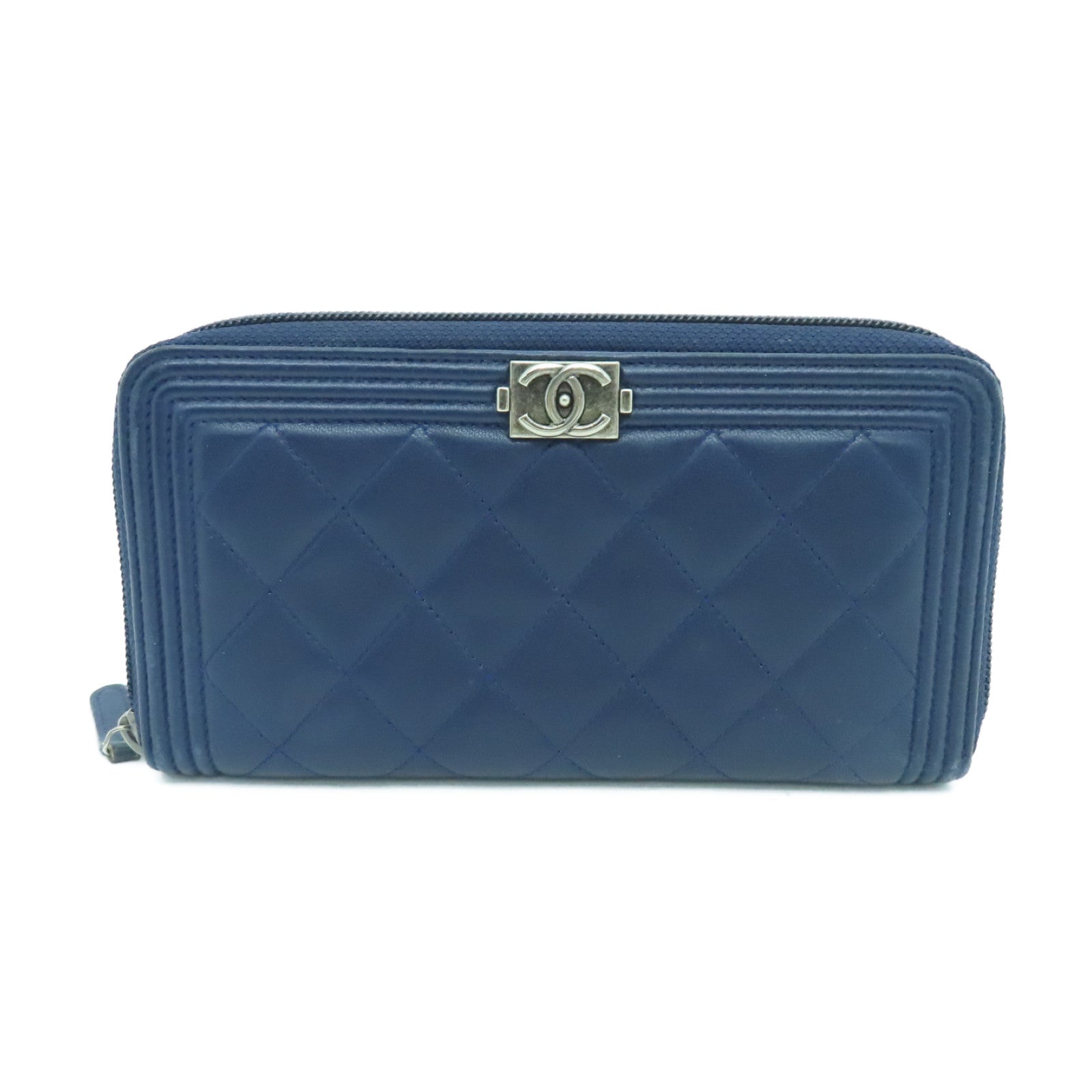 CHANEL 菱格羊皮皮革Long Wallet银扣长钱包蓝色