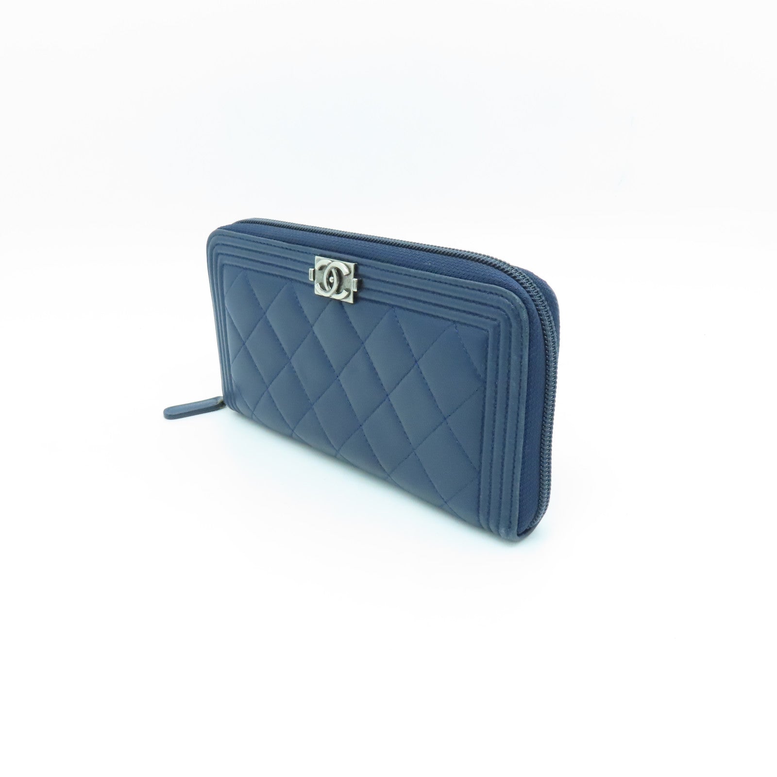 CHANEL 菱格羊皮皮革Long Wallet银扣长钱包蓝色