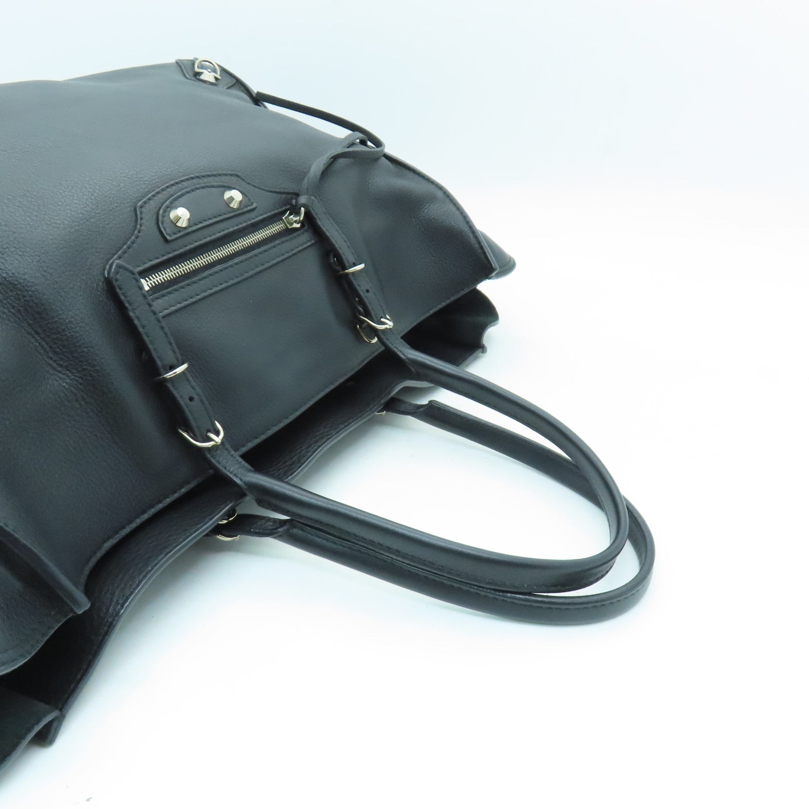 BALENCIAGA Sheepskin Leather Papier A4 Zip Round Silver Buckle Shoulder Bag Black