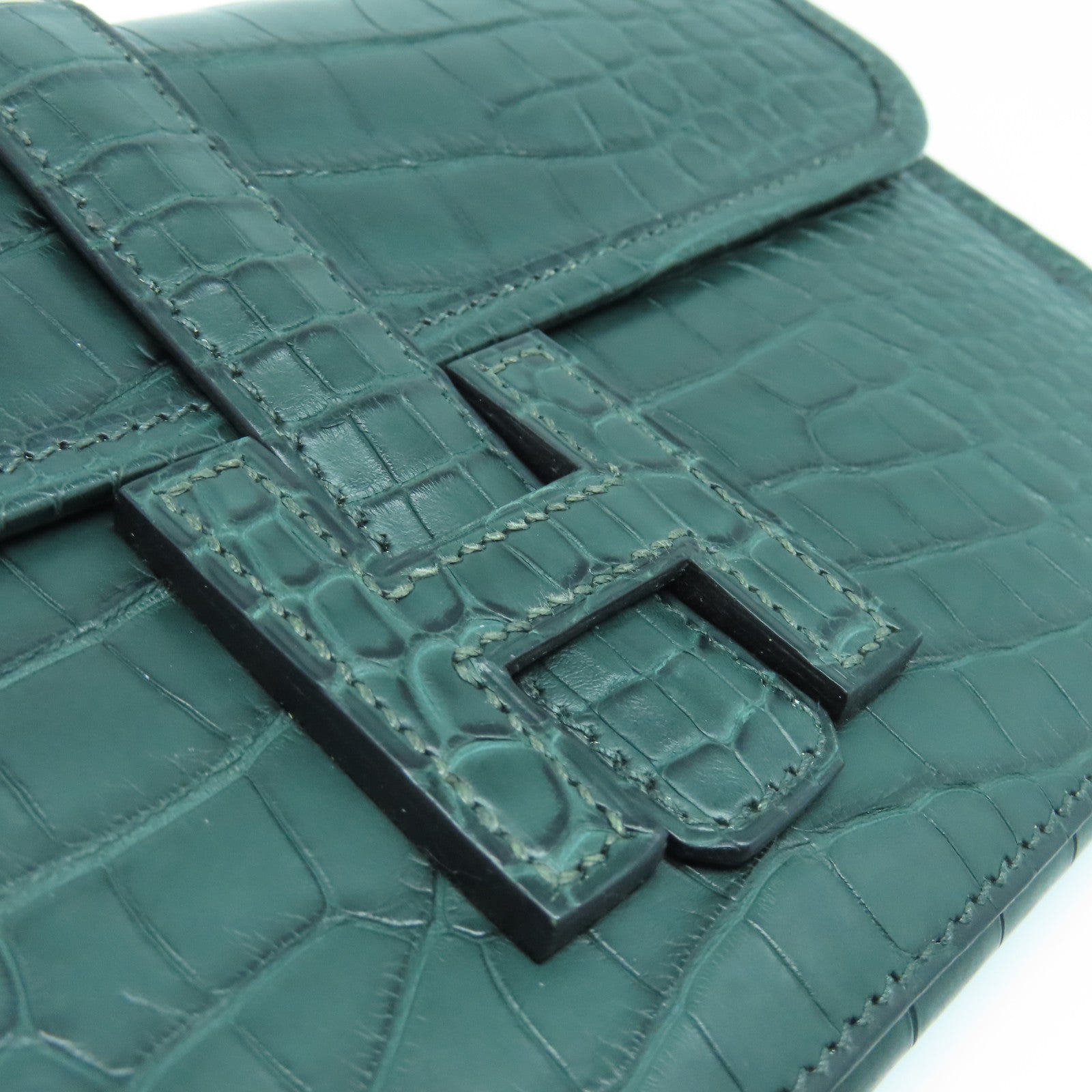 HERMES 鳄鱼皮革Jige Duo Wallet银扣长钱包绿色