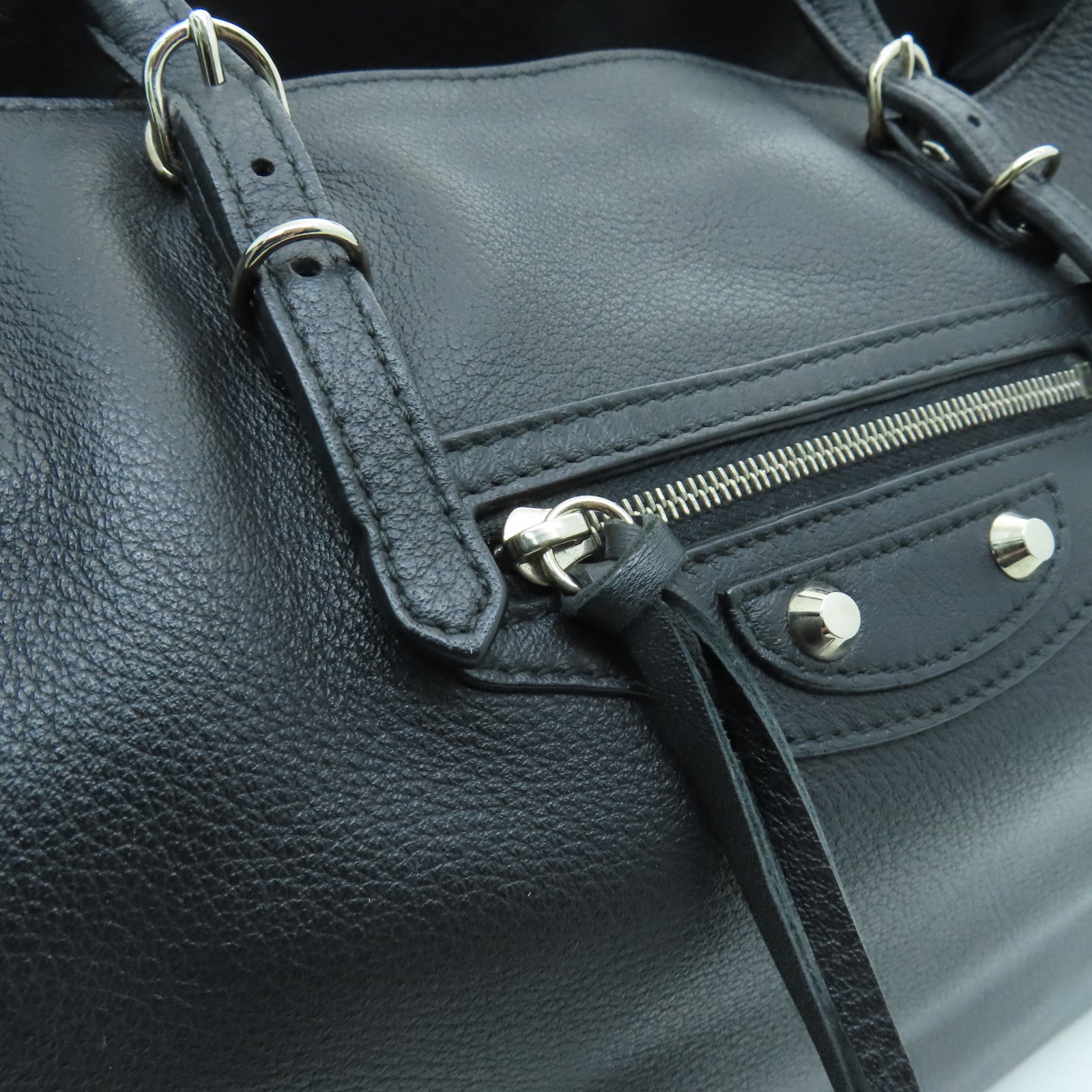 BALENCIAGA Sheepskin Leather Papier A4 Zip Round Silver Buckle Shoulder Bag Black
