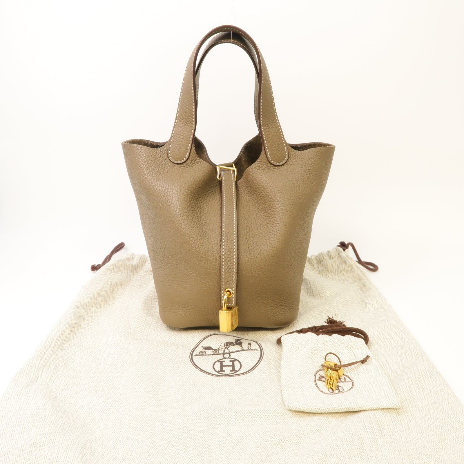 HERMES Clemence皮革Picotin PM金扣手挽袋Etoupe棕色