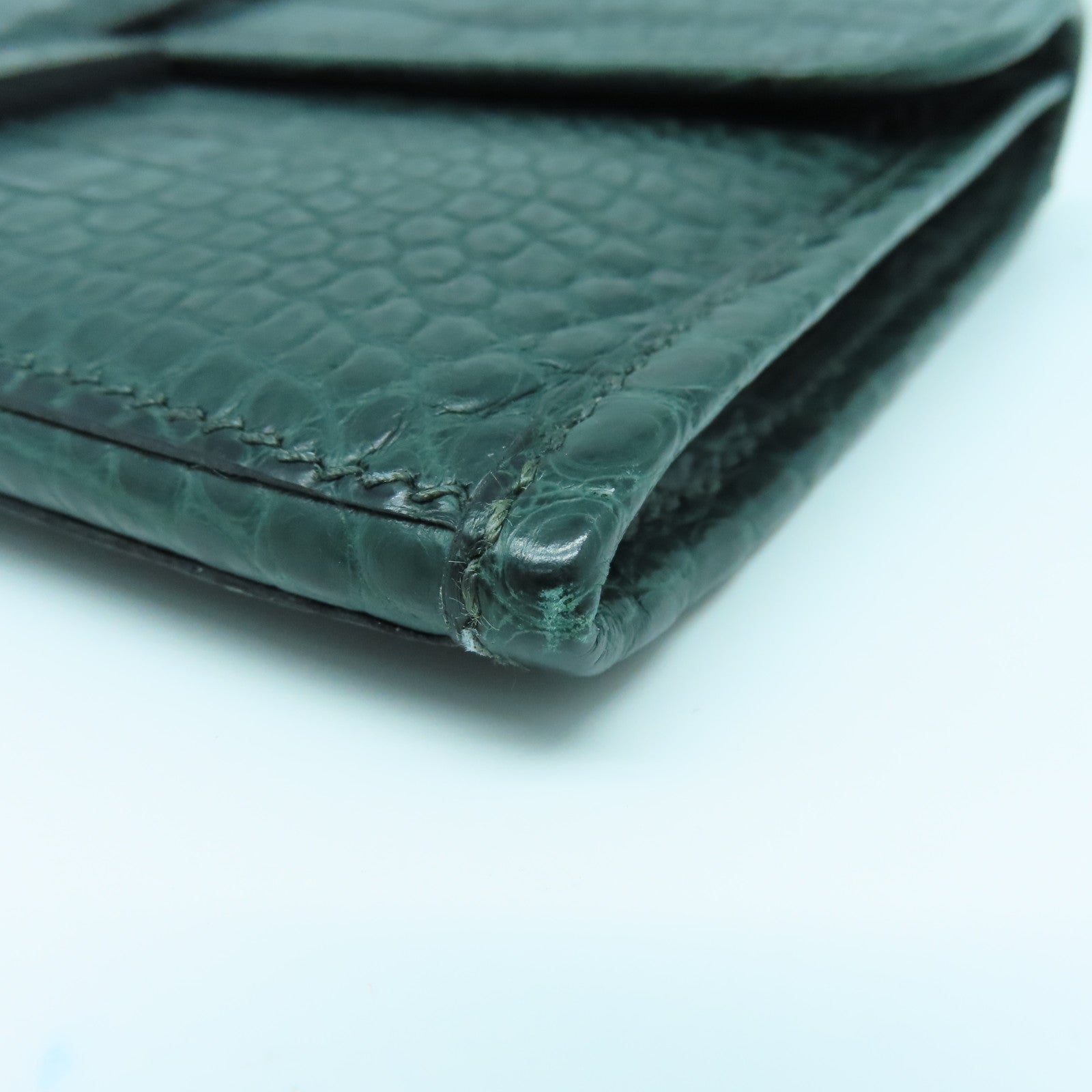 HERMES 鳄鱼皮革Jige Duo Wallet银扣长钱包绿色