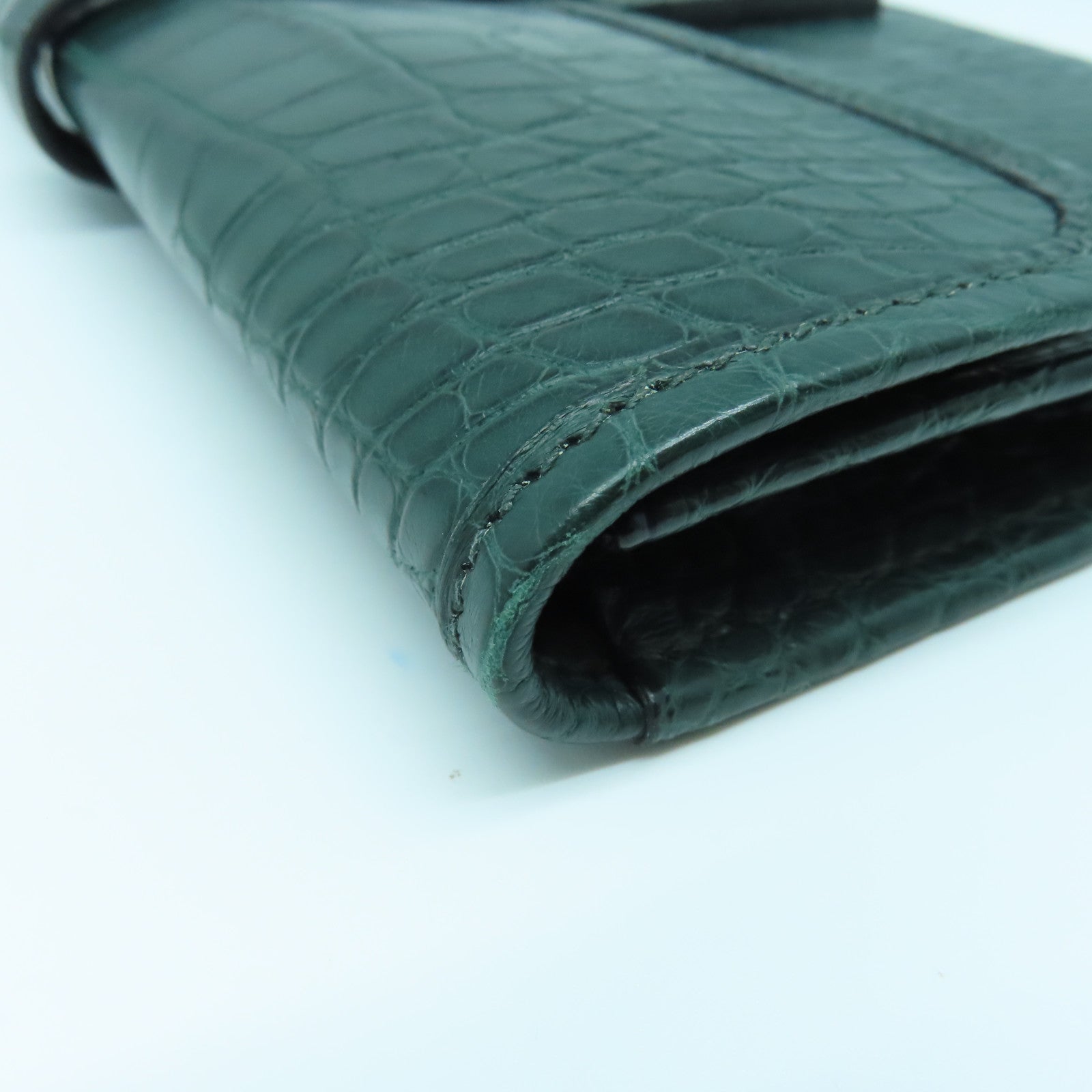 HERMES 鳄鱼皮革Jige Duo Wallet银扣长钱包绿色