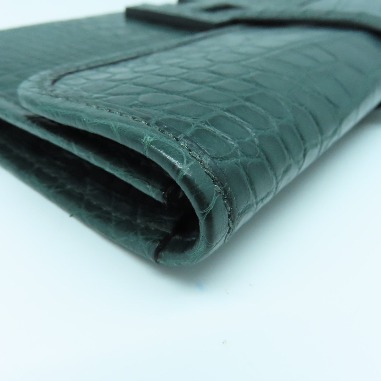 HERMES 鳄鱼皮革Jige Duo Wallet银扣长钱包绿色