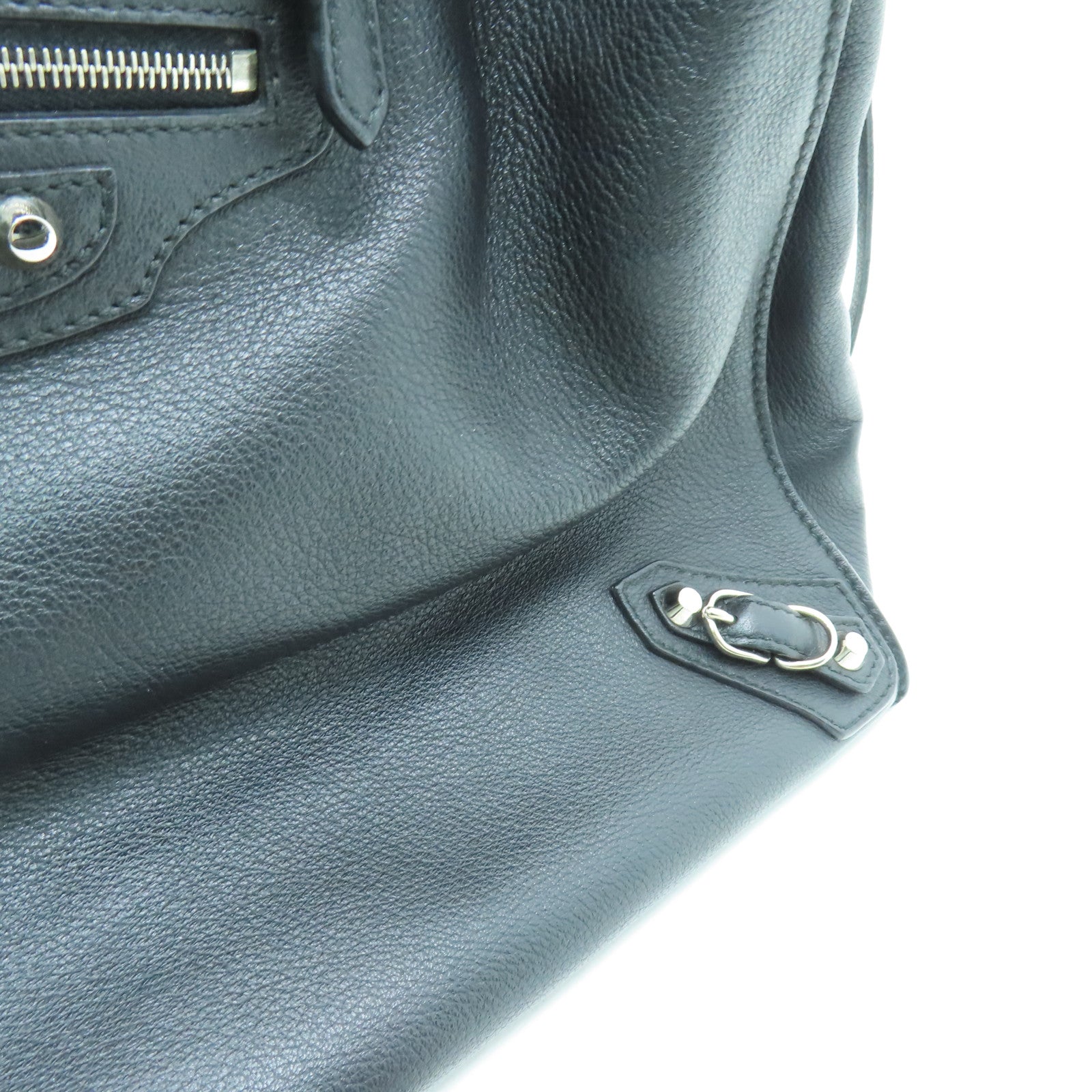 BALENCIAGA Sheepskin Leather Papier A4 Zip Round Silver Buckle Shoulder Bag Black