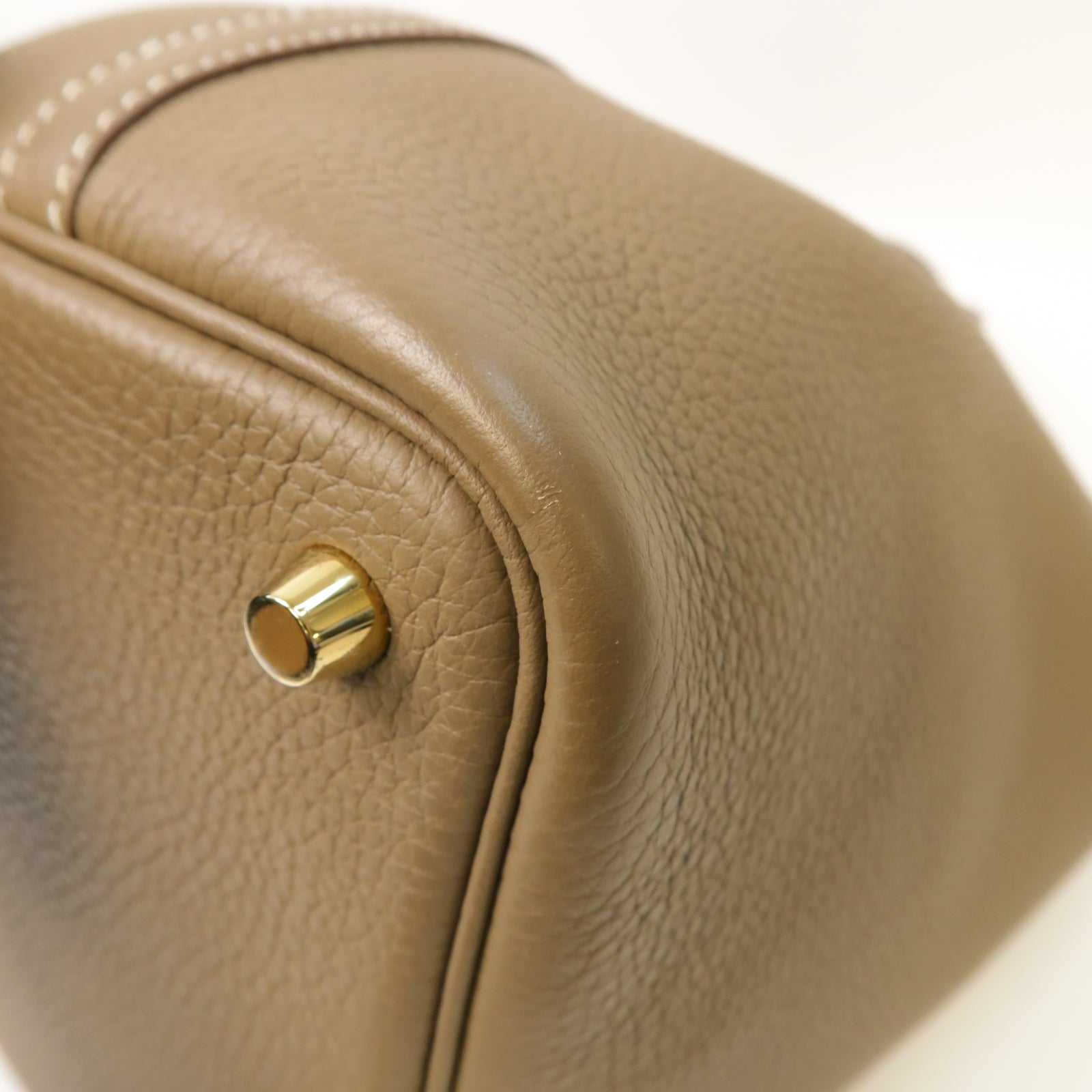HERMES Clemence皮革Picotin PM金扣手挽袋Etoupe棕色
