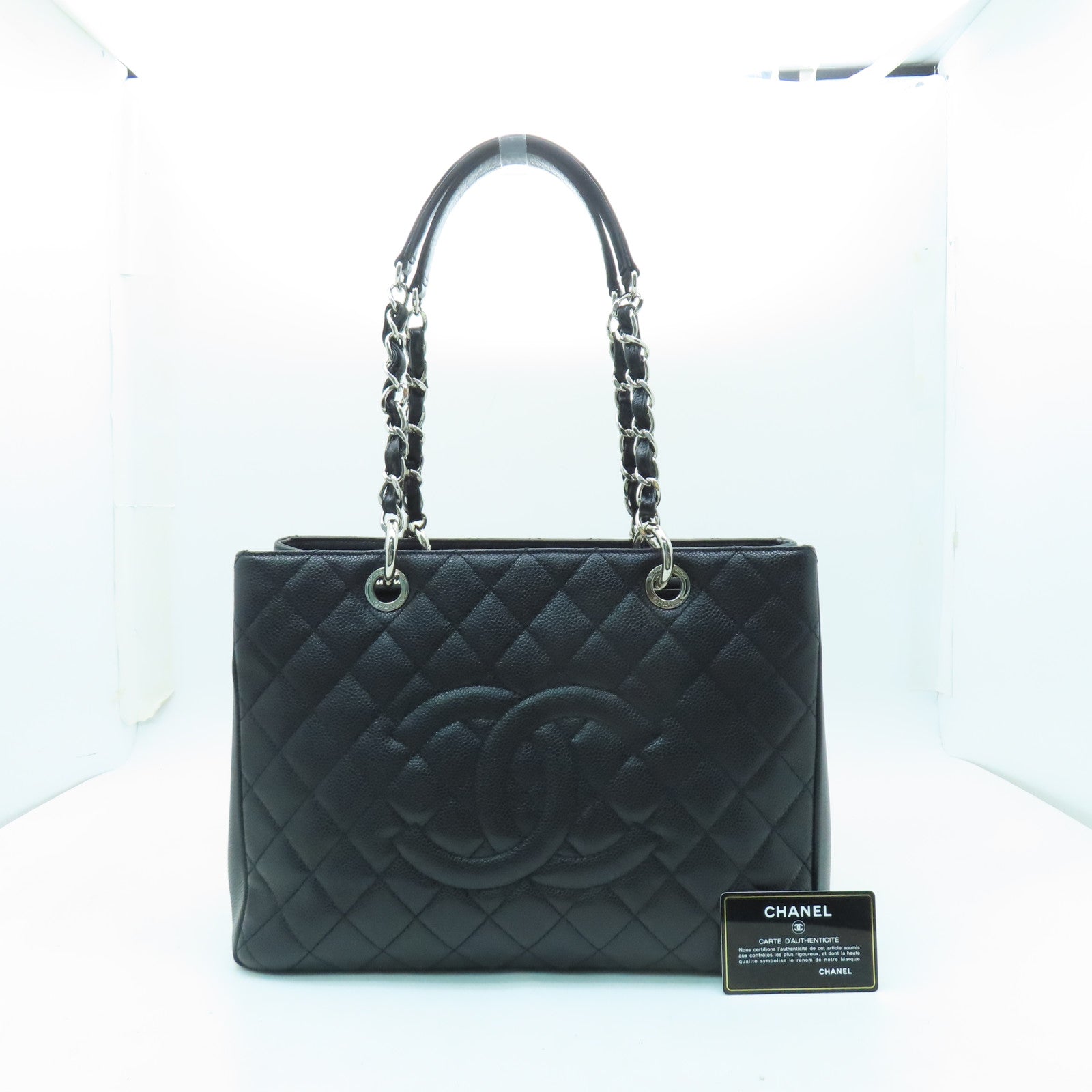CHANEL 菱格Caviar皮革GST銀扣手挽袋黑色