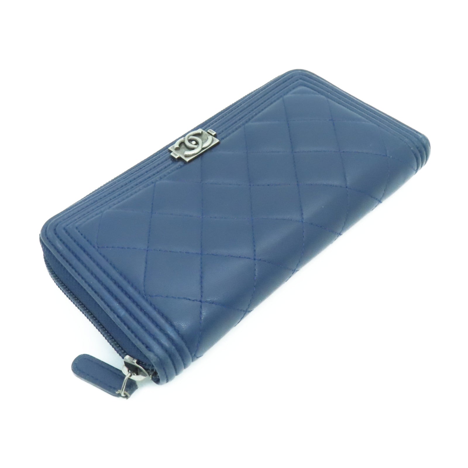 CHANEL 菱格羊皮皮革Long Wallet银扣长钱包蓝色
