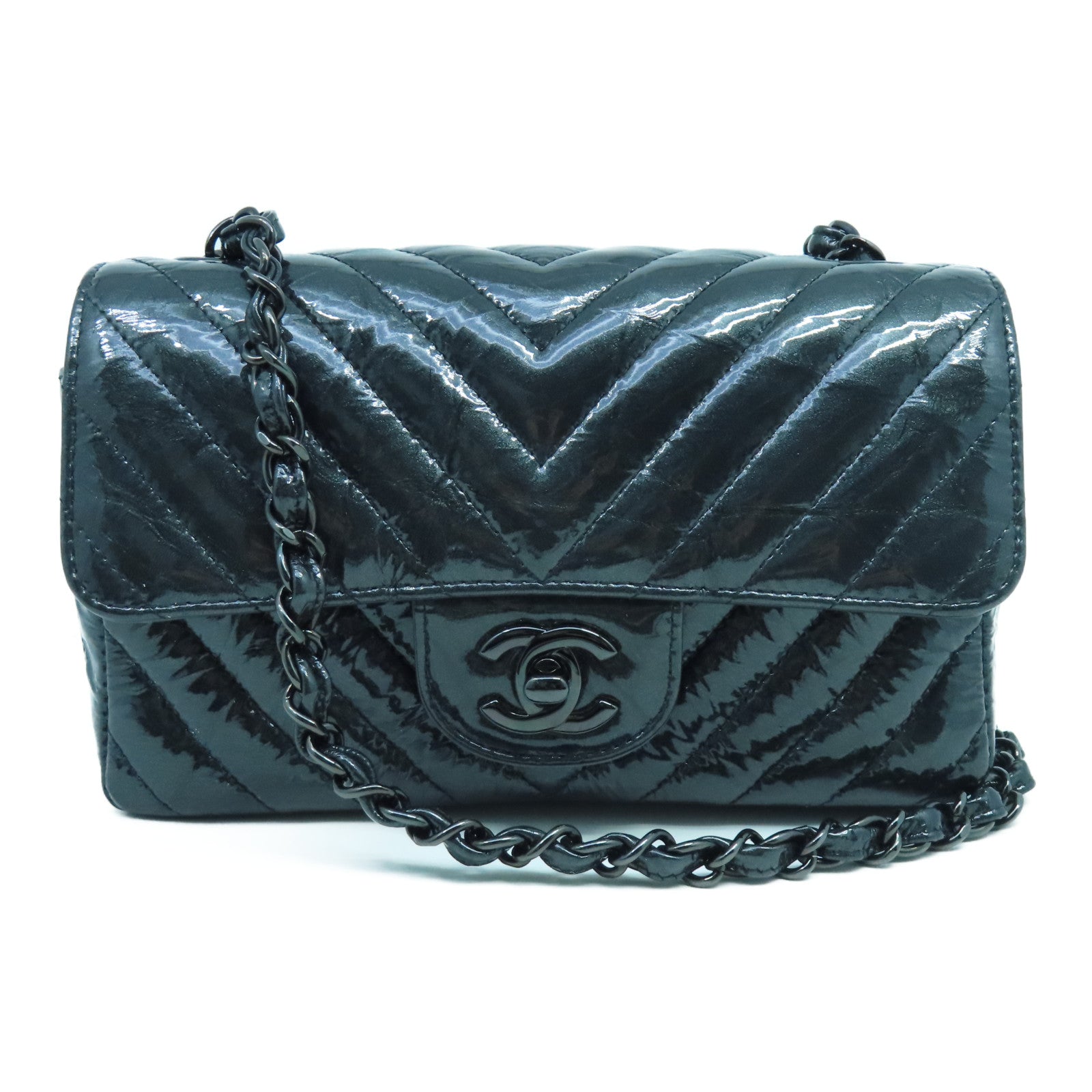 CHANEL twill patent leather Chain Shoulder Bag chain shoulder bag black