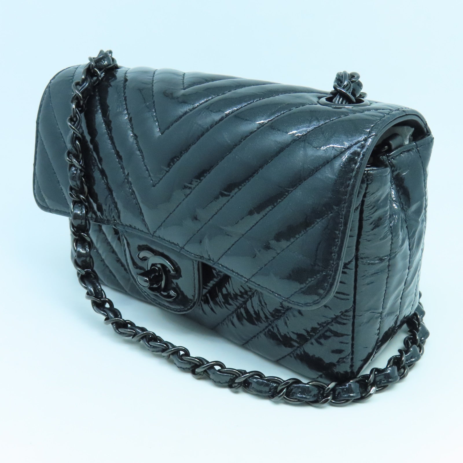 CHANEL twill patent leather Chain Shoulder Bag chain shoulder bag black