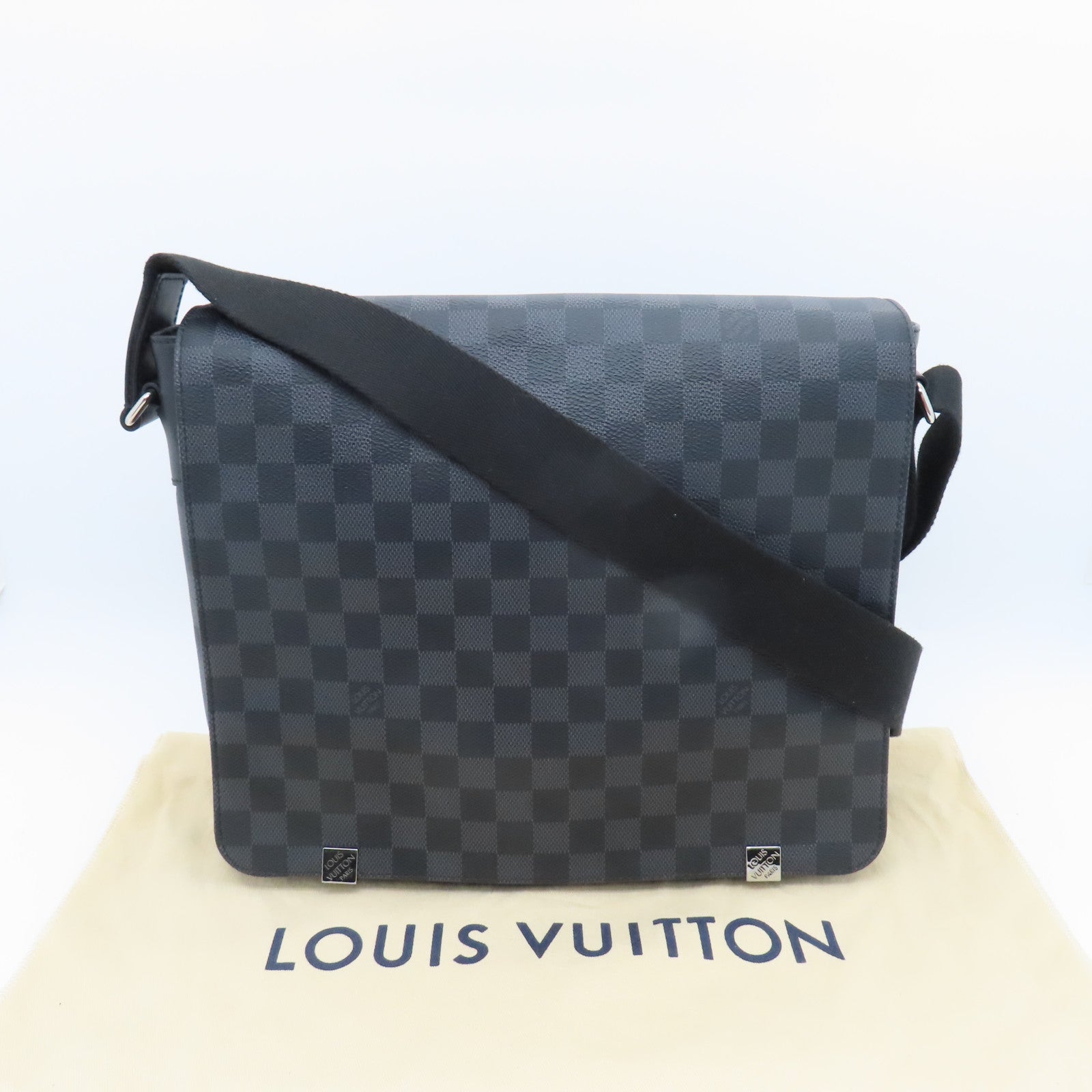 LOUIS VUITTON Damier Graphite District MM Silver Buckle Shoulder Bag Black