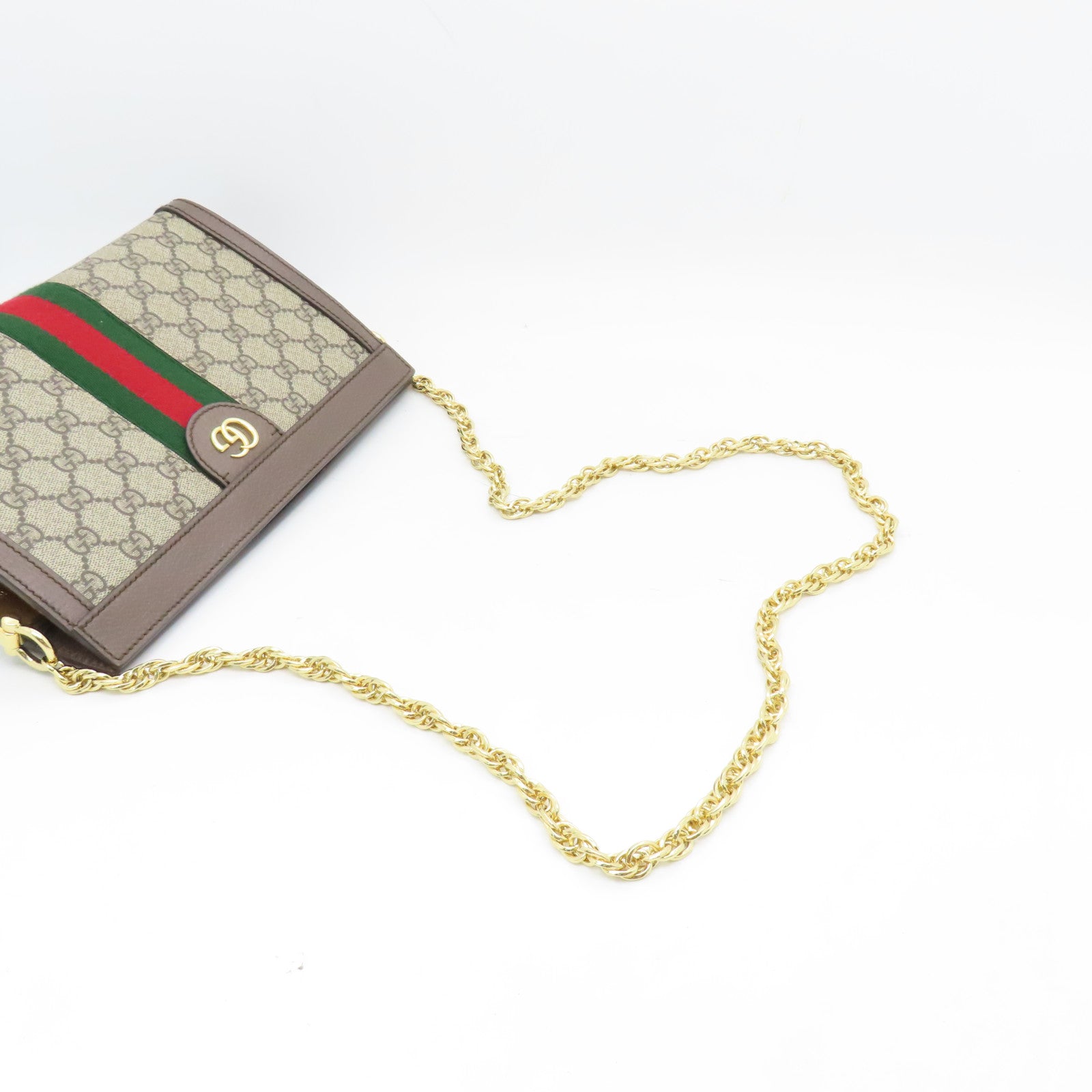 GUCCI 涂层帆布Ophidia GG金扣链带肩背袋啡色
