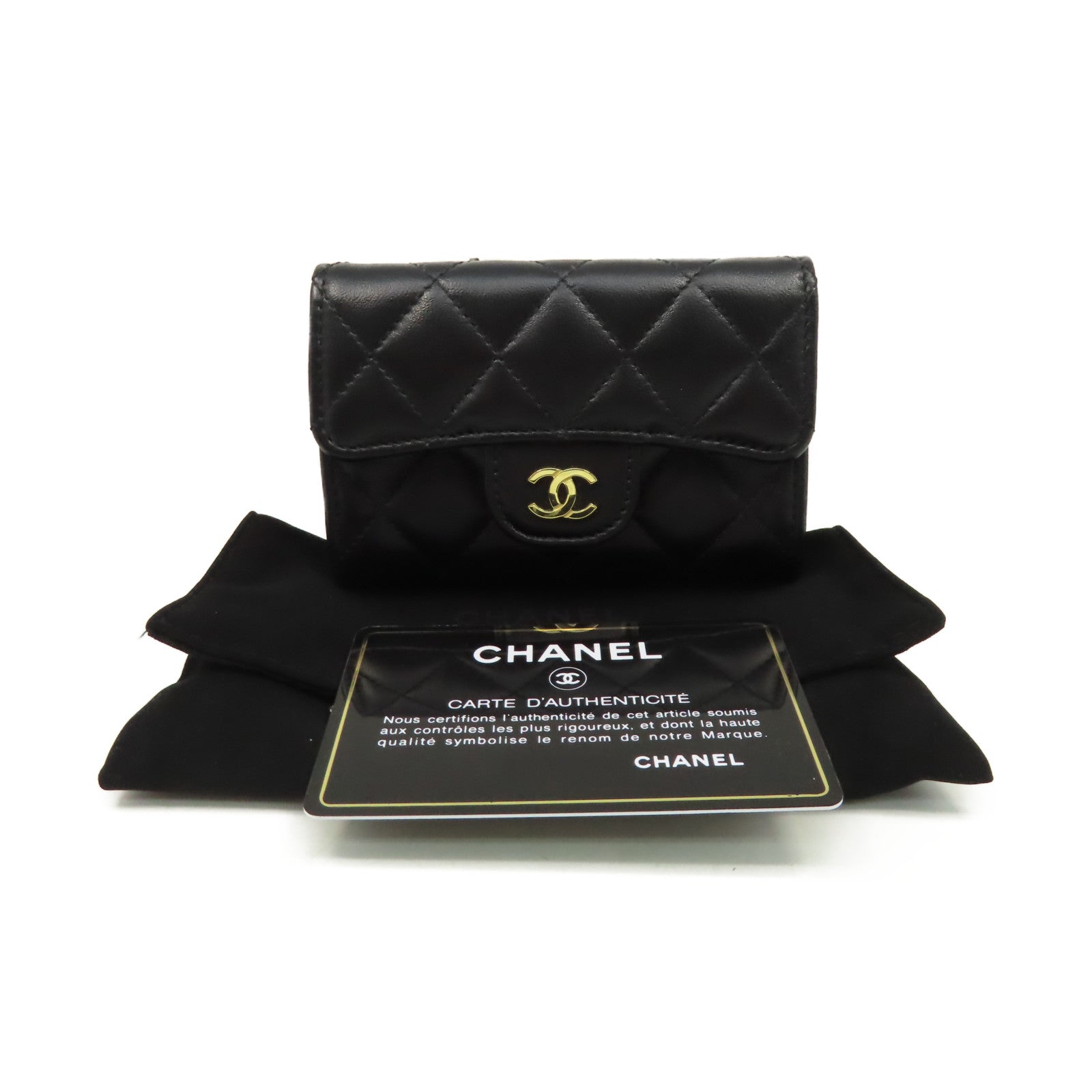 CHANEL 菱格羊皮皮革Card Case金扣卡片套黑色
