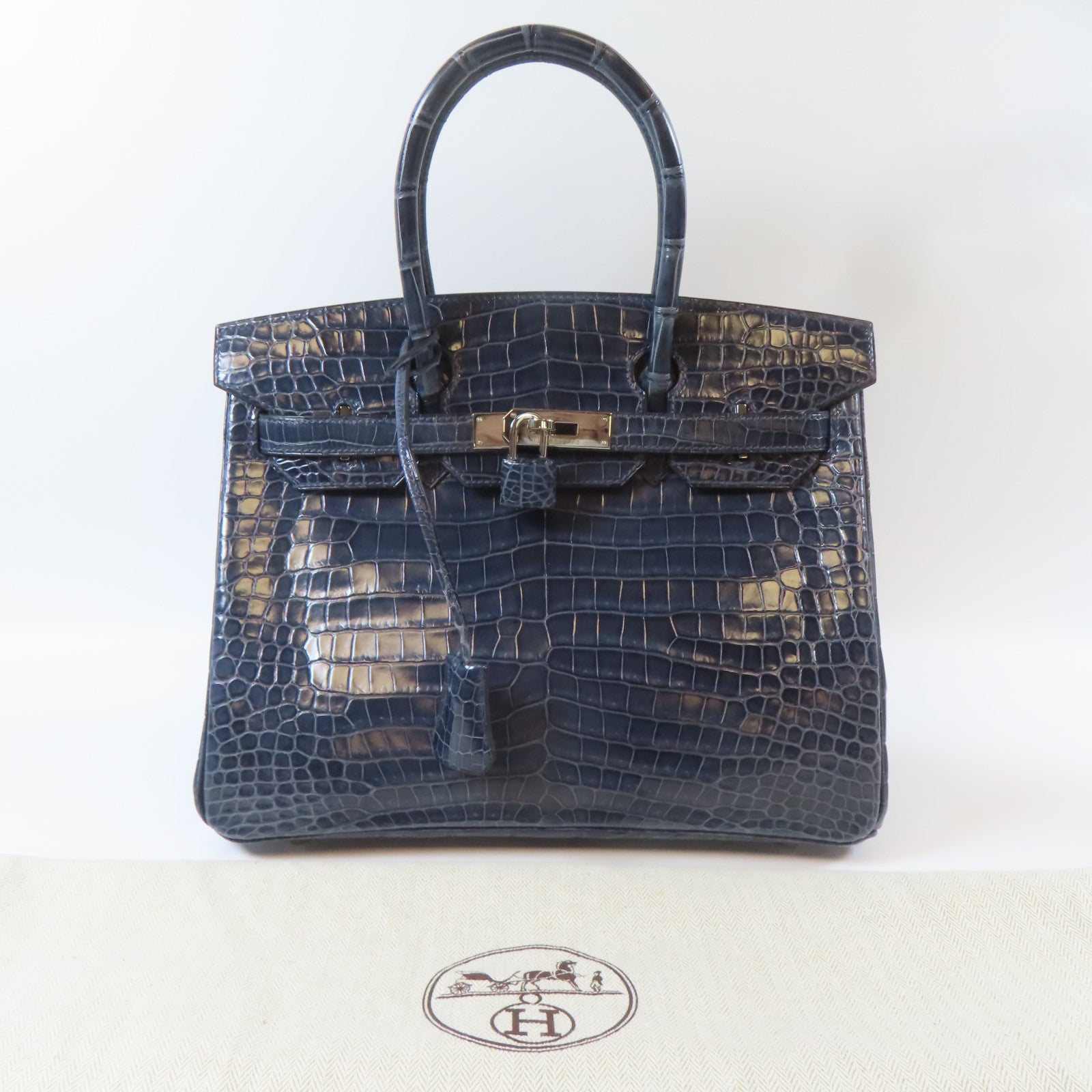 HERMES 鱷魚皮革Birkin 30銀扣手挽袋藍色