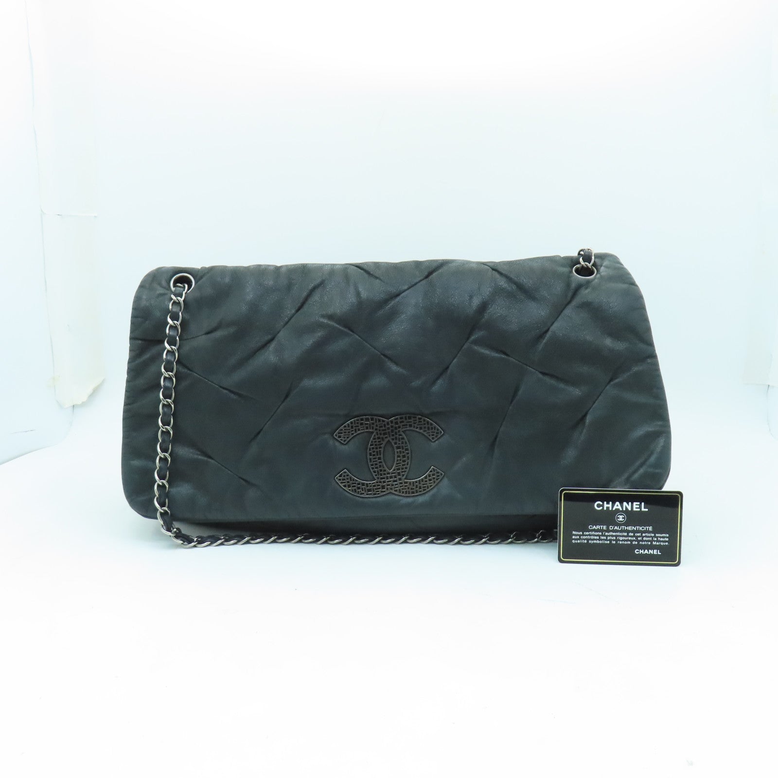 CHANEL 牛皮皮革Chain Shoulder銀扣鏈帶肩背袋黑色