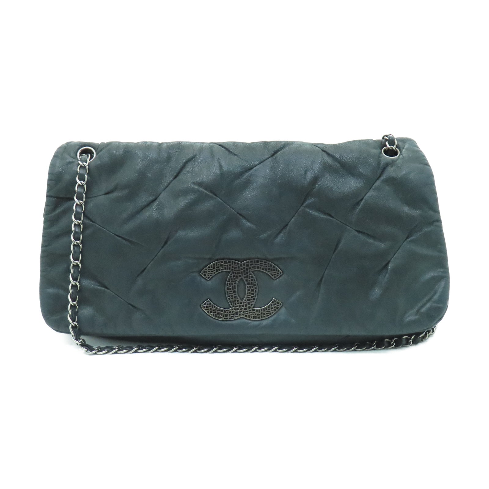 CHANEL 牛皮皮革Chain Shoulder銀扣鏈帶肩背袋黑色
