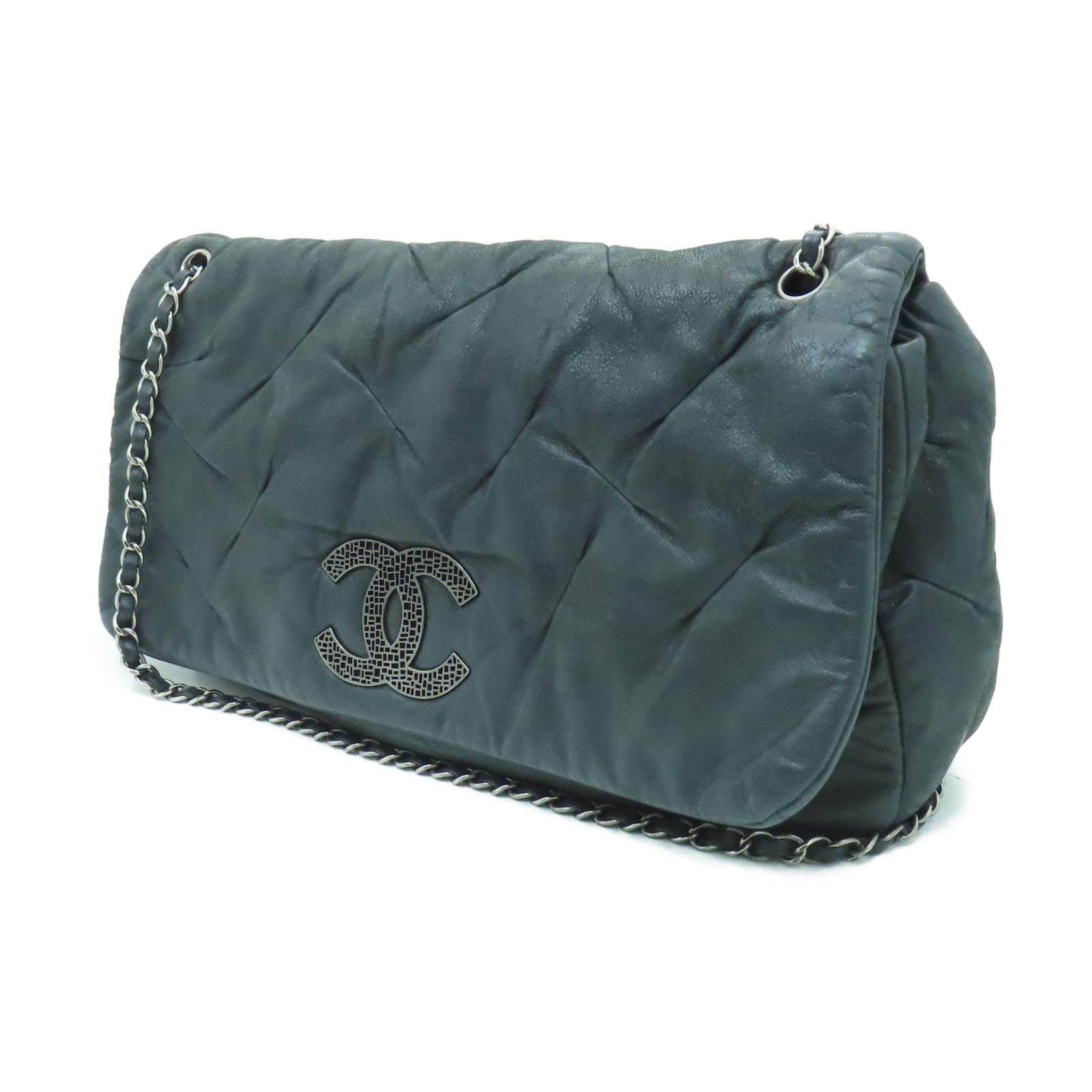 CHANEL 牛皮皮革Chain Shoulder銀扣鏈帶肩背袋黑色