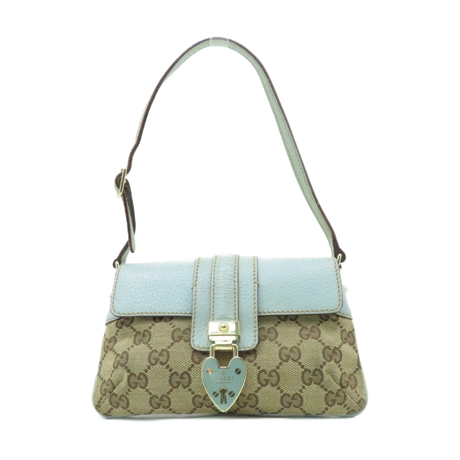 GUCCI 帆布Handbag銀扣手挽袋啡色/淺藍色