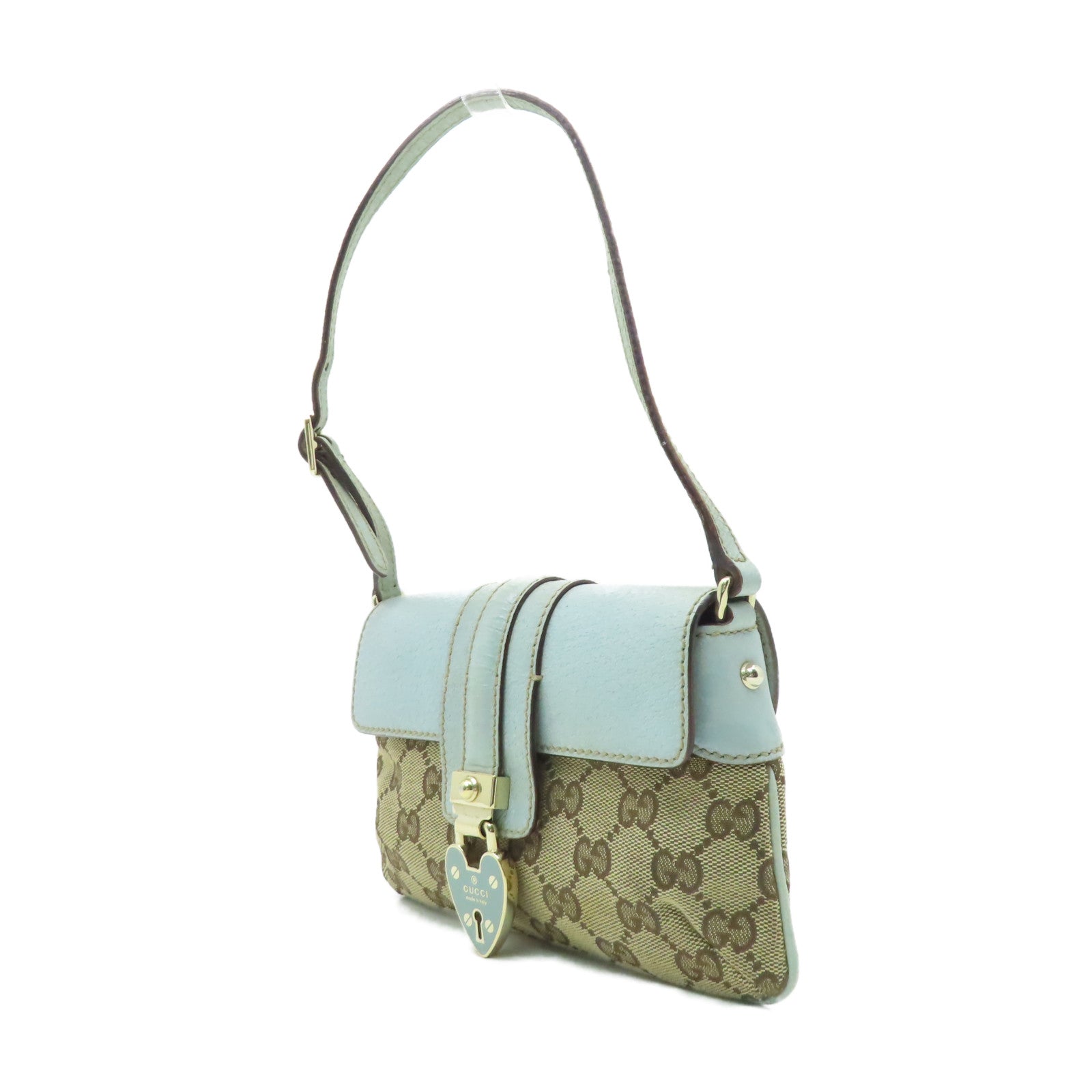 GUCCI 帆布Handbag銀扣手挽袋啡色/淺藍色