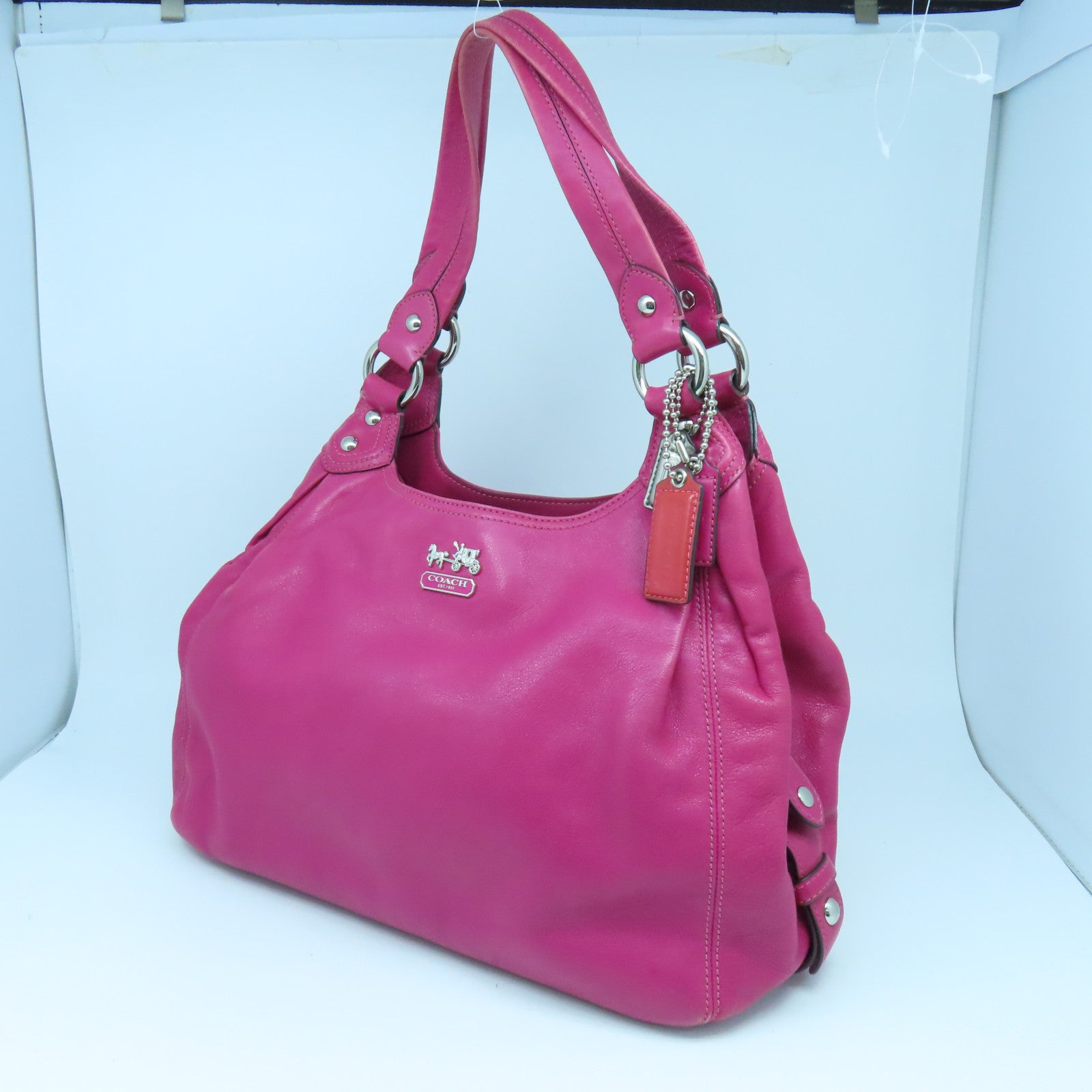 COACH 皮革Shoulder Bag銀扣肩背袋桃紅色