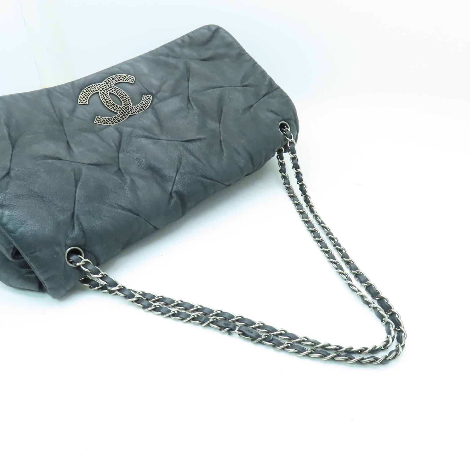 CHANEL 牛皮皮革Chain Shoulder銀扣鏈帶肩背袋黑色