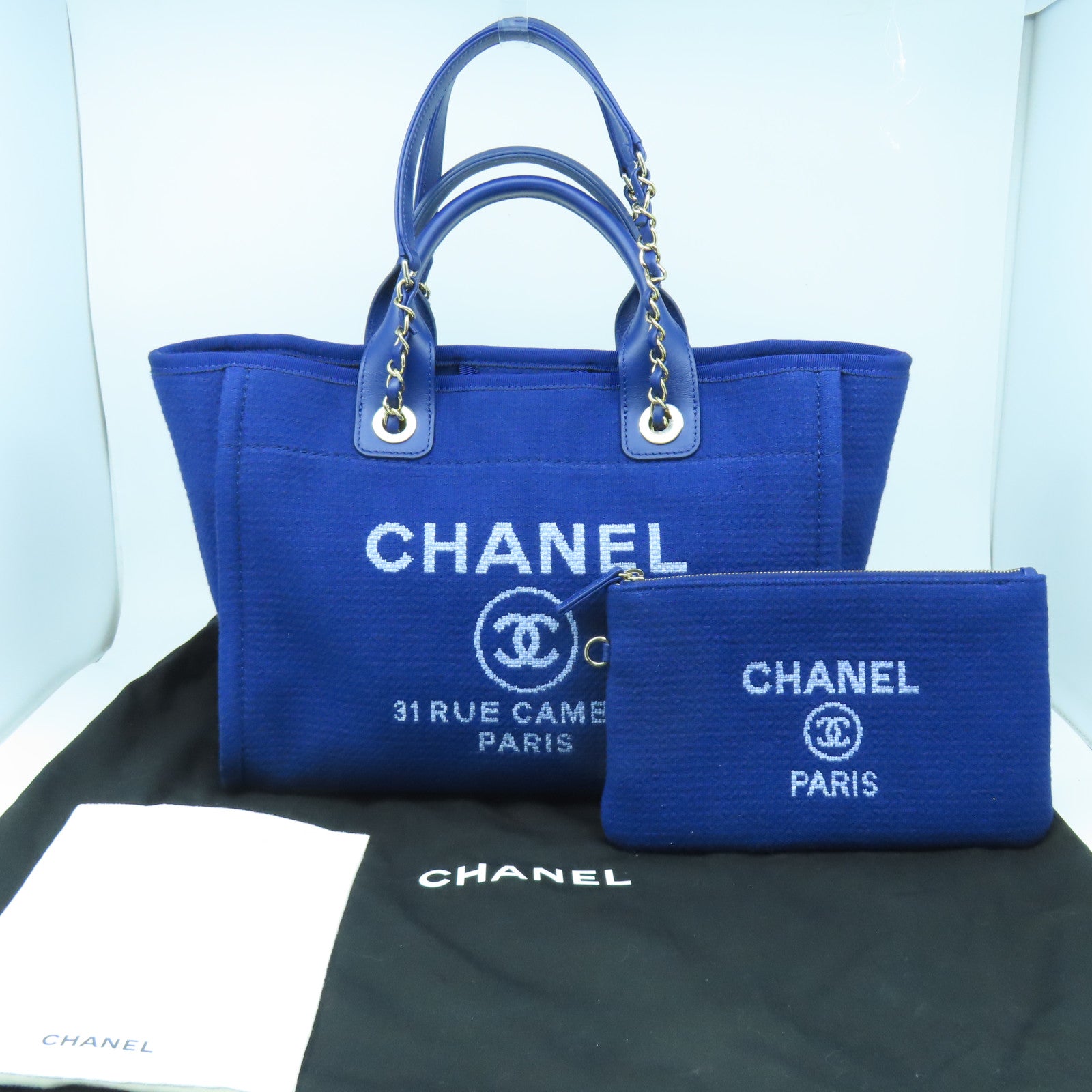 CHANEL 帆布Deauville銀扣手挽肩背兩用袋藍色
