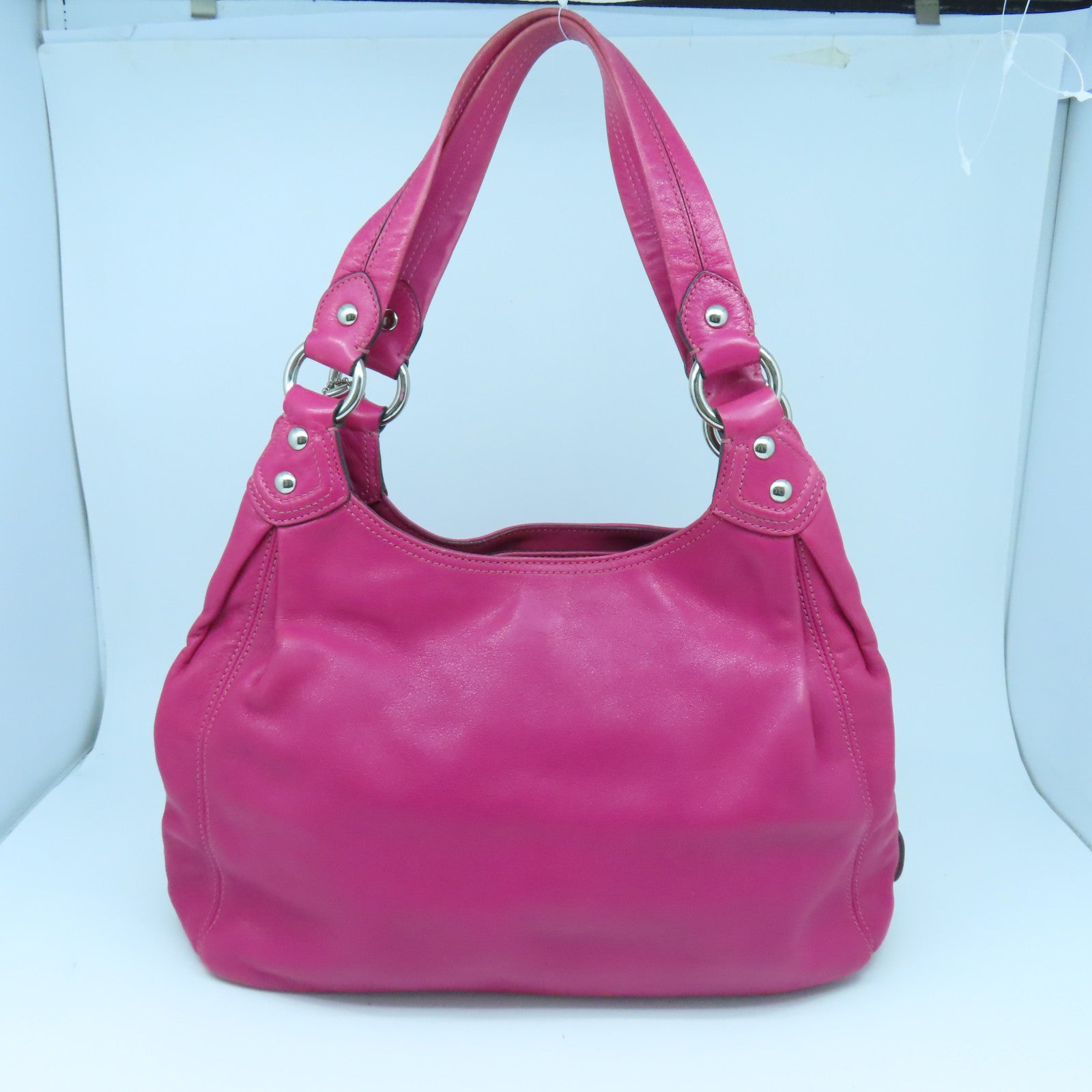 COACH 皮革Shoulder Bag銀扣肩背袋桃紅色