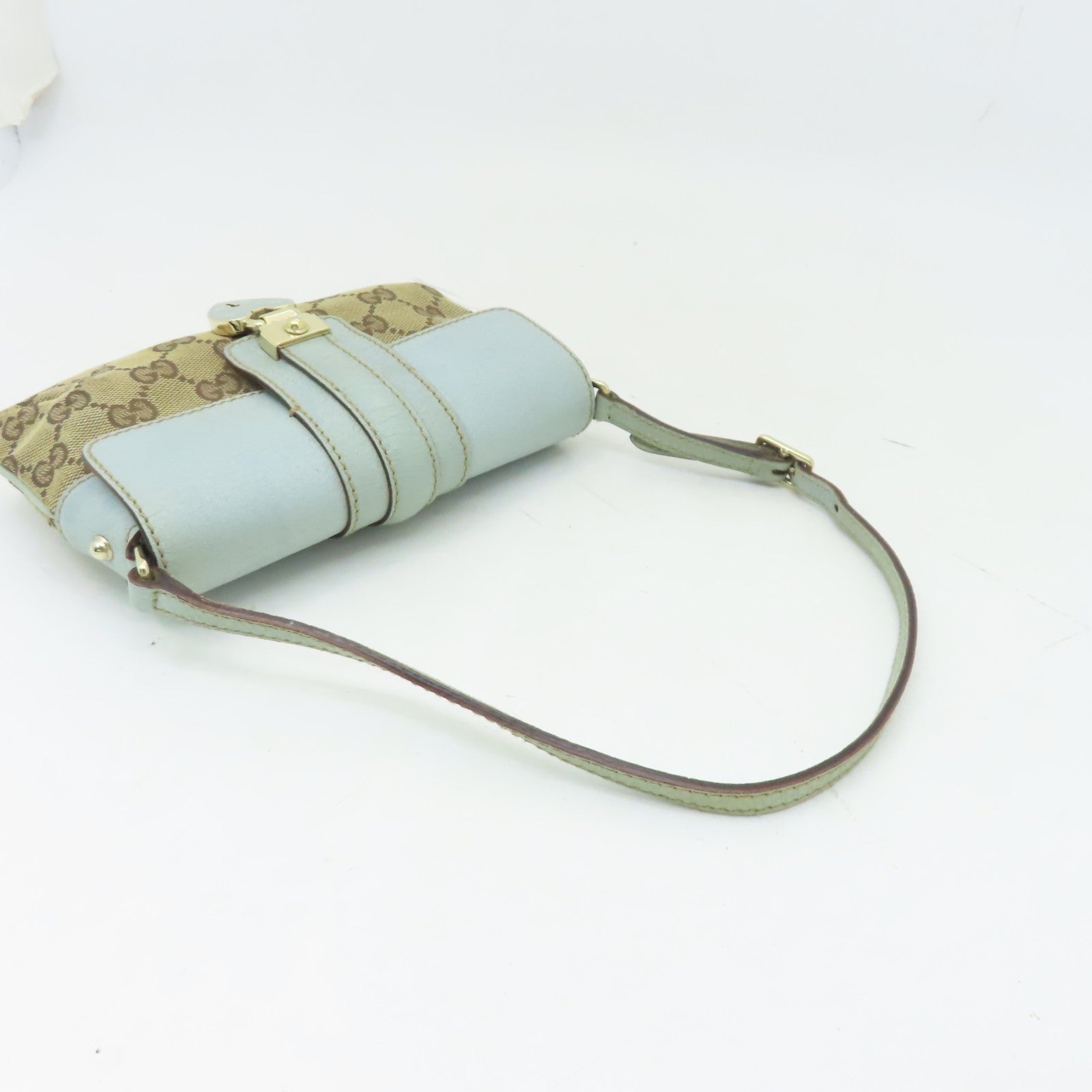 GUCCI 帆布Handbag銀扣手挽袋啡色/淺藍色