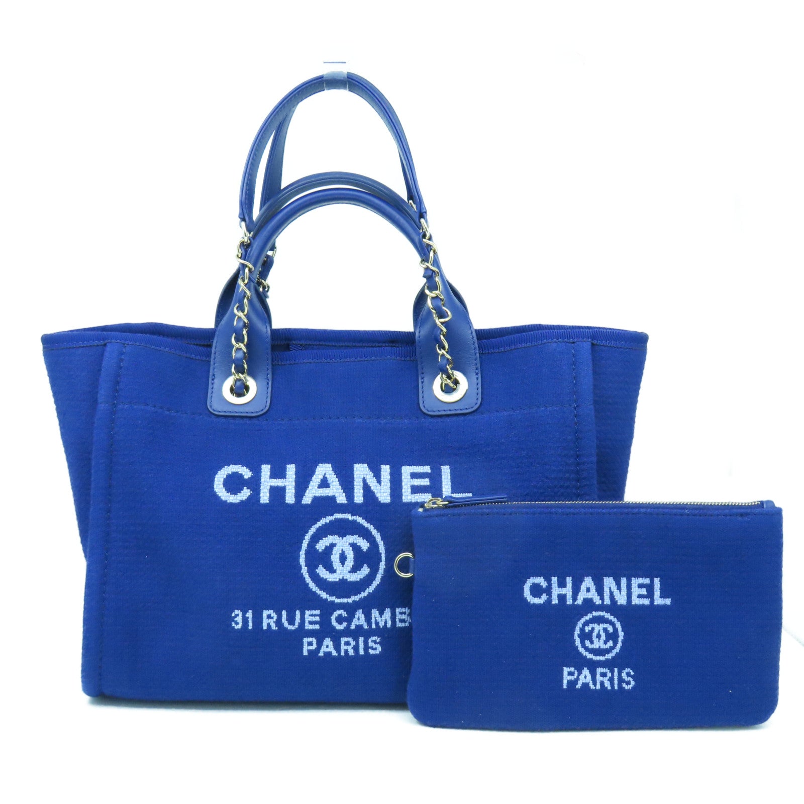 CHANEL 帆布Deauville銀扣手挽肩背兩用袋藍色