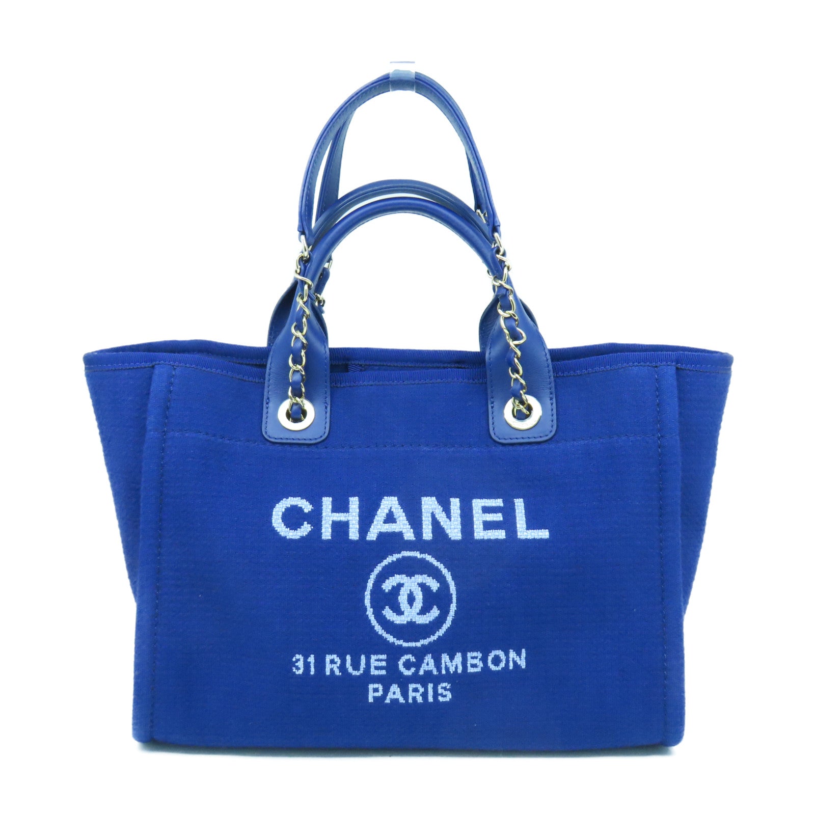 CHANEL 帆布Deauville銀扣手挽肩背兩用袋藍色