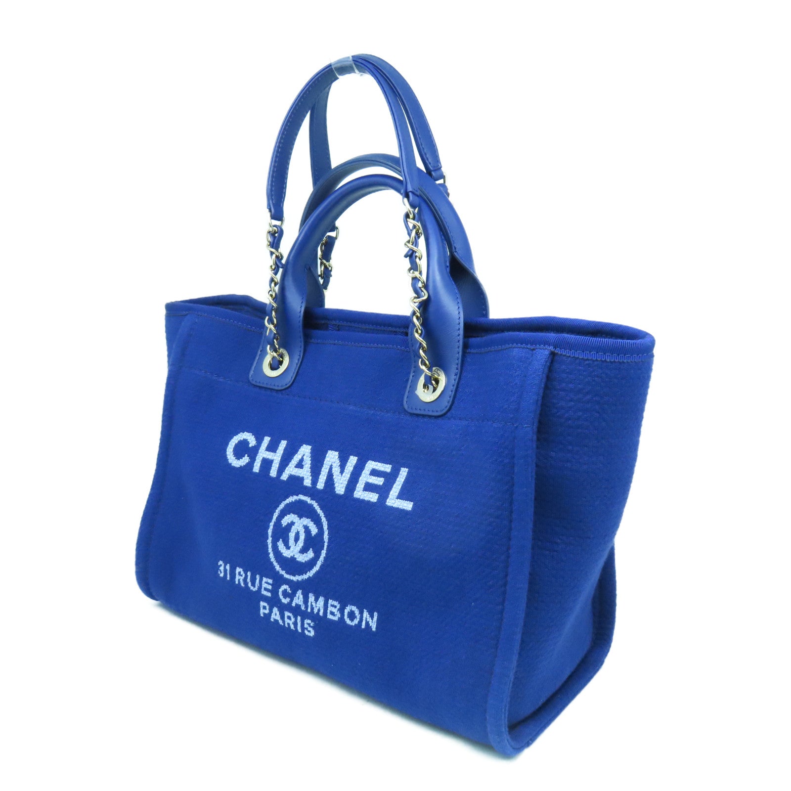 CHANEL 帆布Deauville銀扣手挽肩背兩用袋藍色