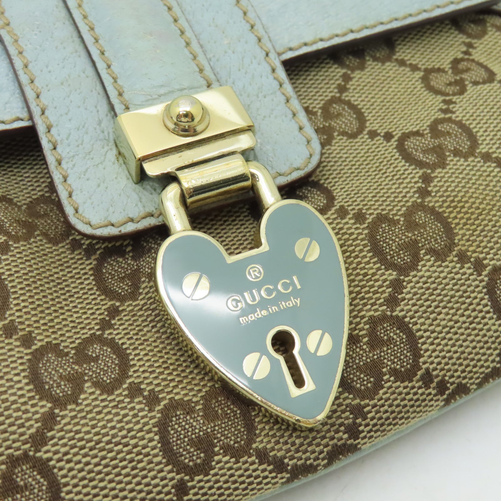 GUCCI 帆布Handbag銀扣手挽袋啡色/淺藍色