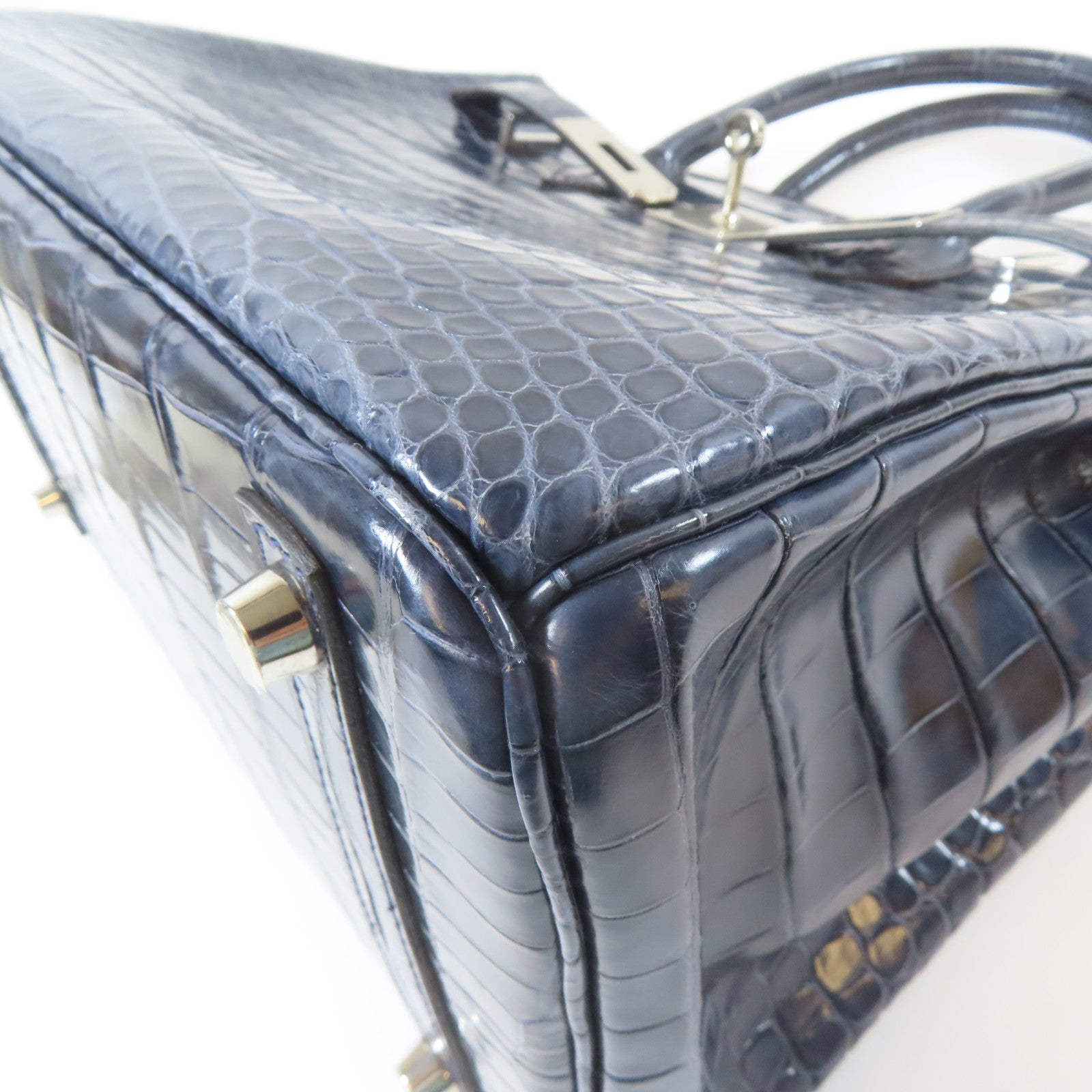 HERMES 鱷魚皮革Birkin 30銀扣手挽袋藍色