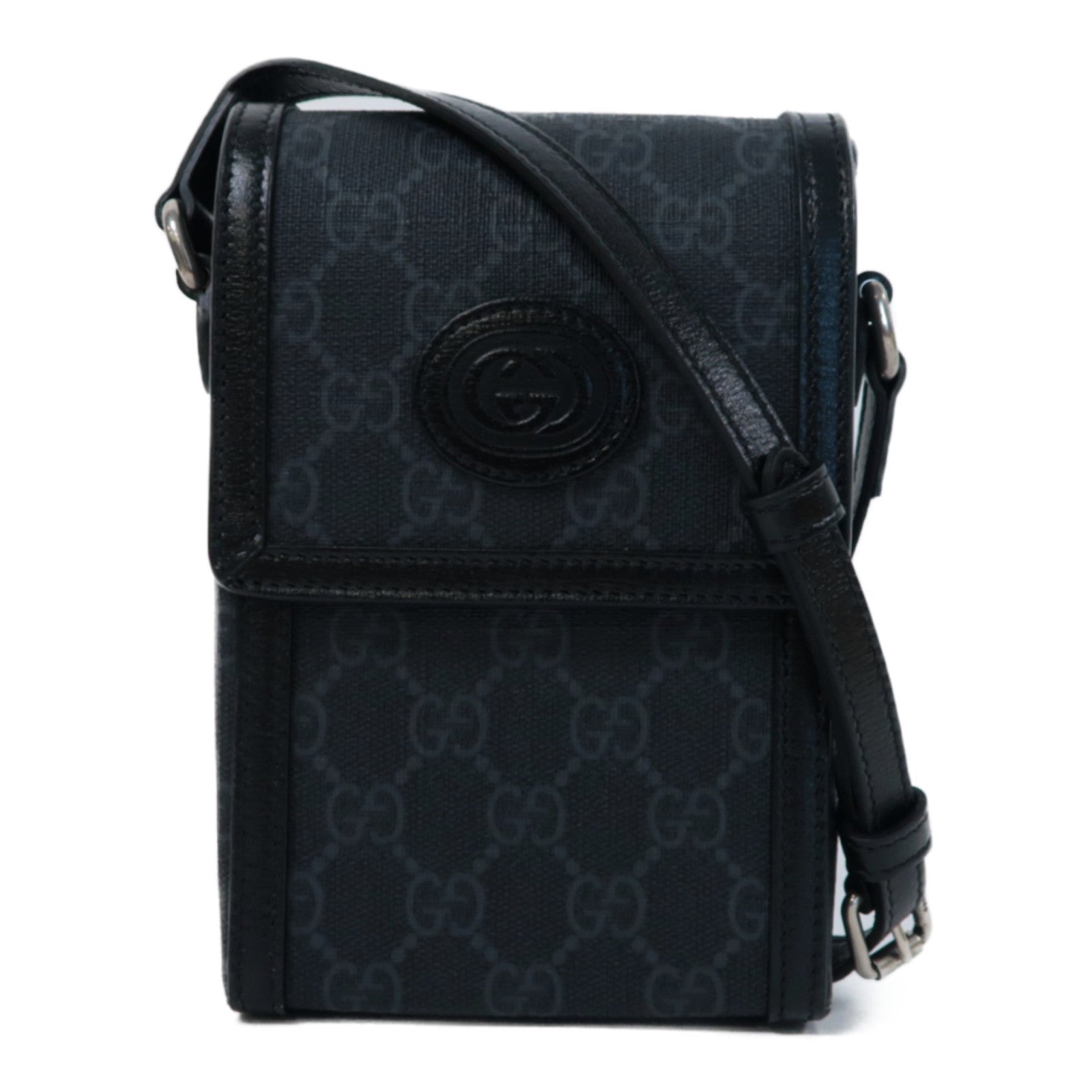 GUCCI 塗層帆布GG SUPREME銀扣肩背袋黑色