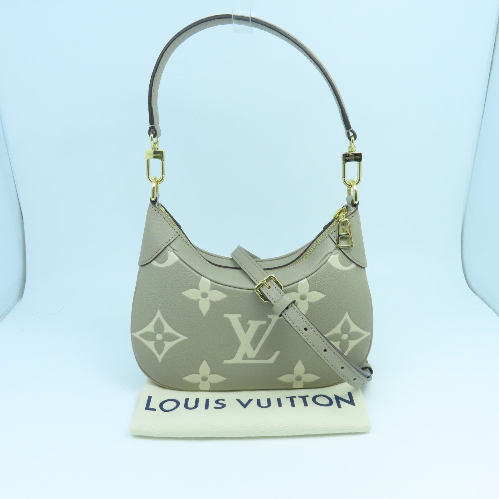 LOUIS VUITTON Monogram Empreinte Bagatelle Gold Buckle Handle Shoulder Bag Turtledove Grey/Cream