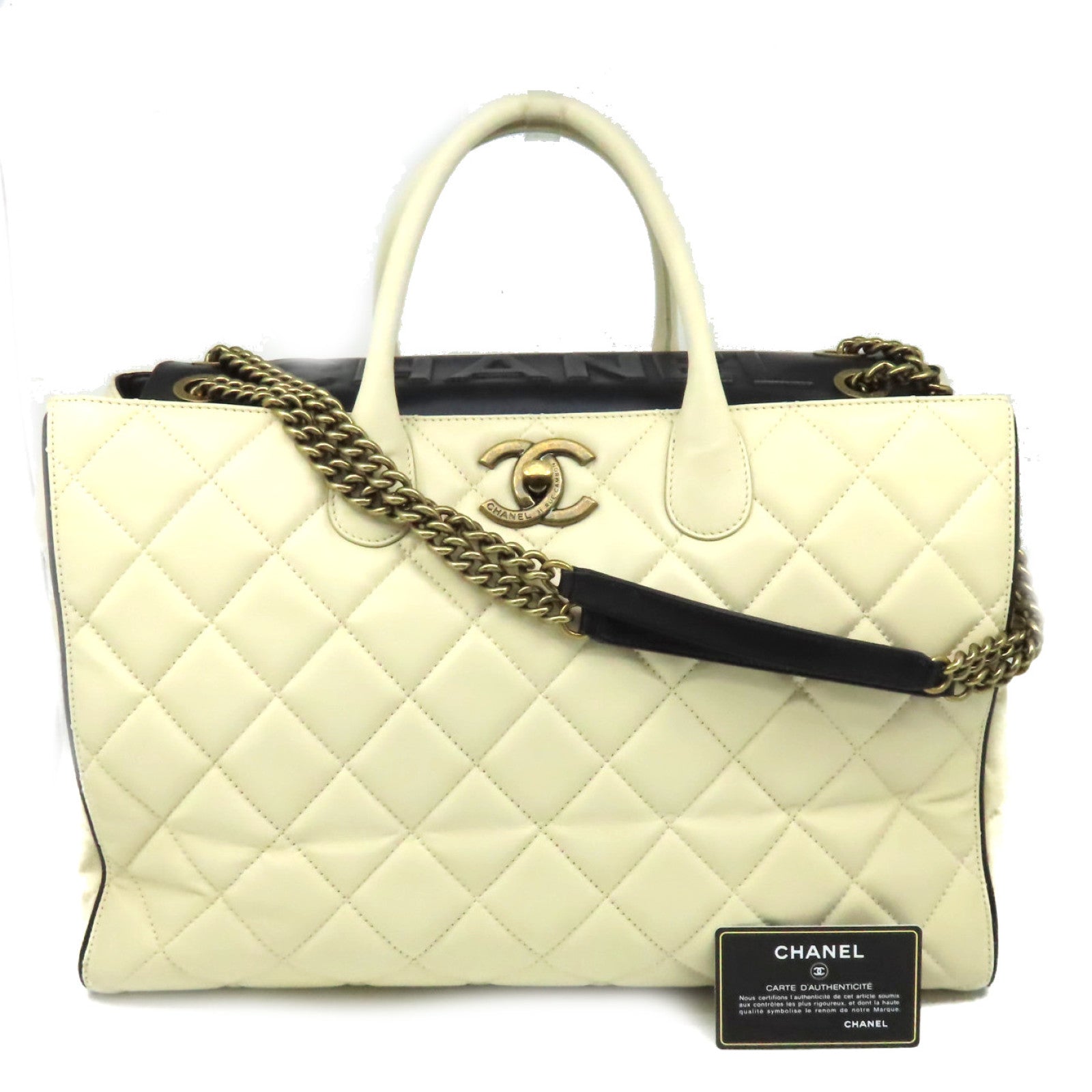 CHANEL 菱格牛皮皮革2Way Shoulder Bag金扣鏈帶手挽肩背兩用袋米白色/黑色