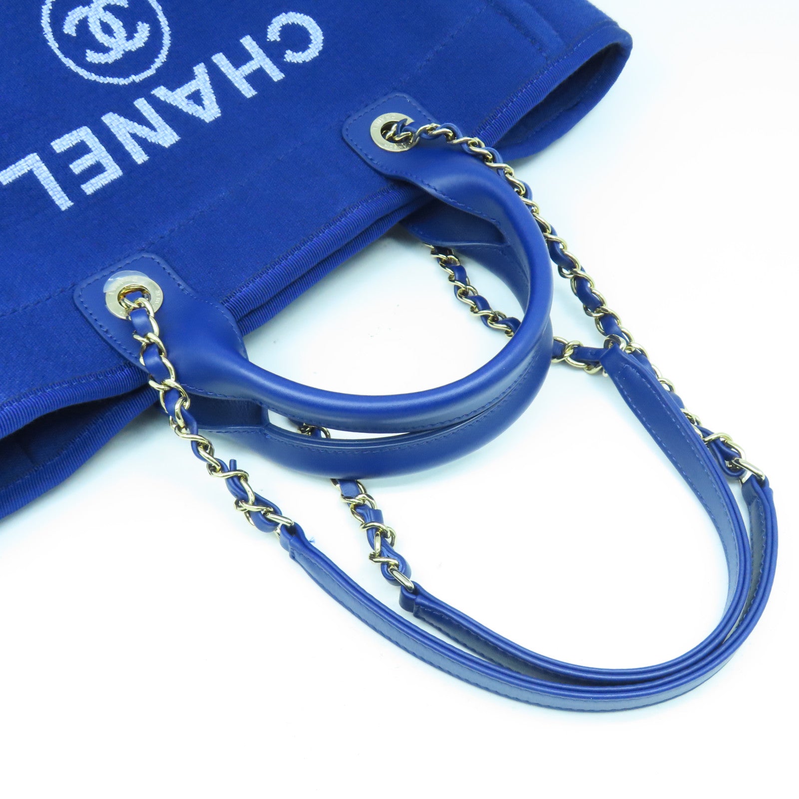 CHANEL 帆布Deauville銀扣手挽肩背兩用袋藍色