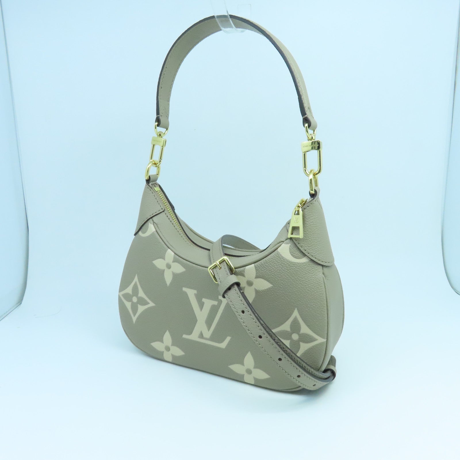 LOUIS VUITTON Monogram Empreinte Bagatelle Gold Buckle Handle Shoulder Bag Turtledove Grey/Cream