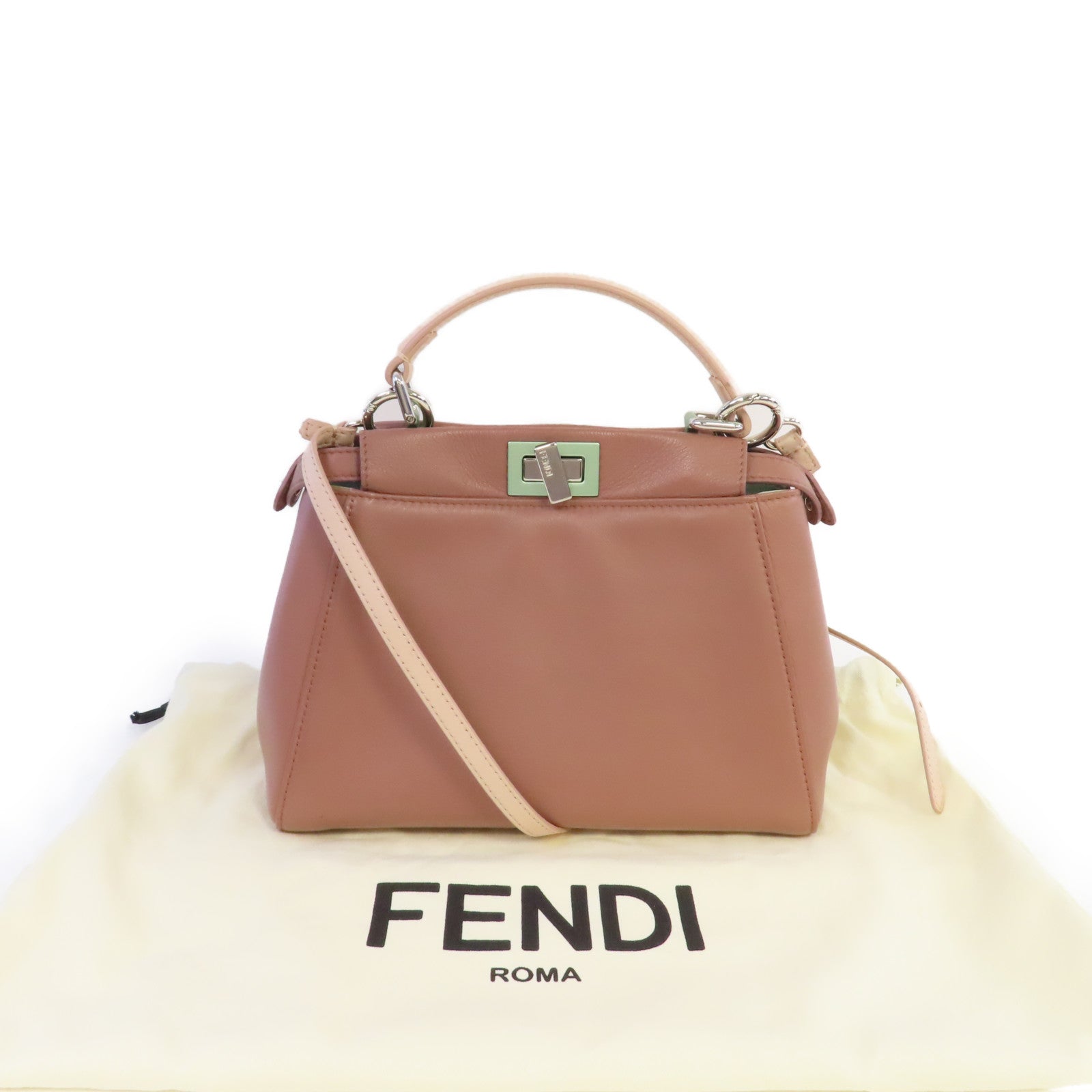FENDI 羊皮皮革Peekaboo Mini 2Way Shoulder Bag銀扣手挽肩背兩用袋粉杏色