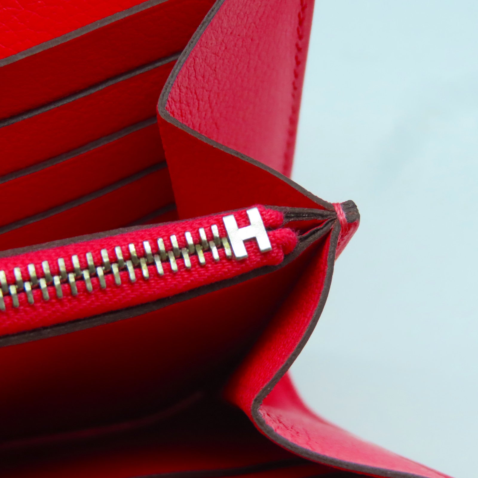 HERMES 牛皮皮革Constance Wallet銀扣長錢包杜鵑粉