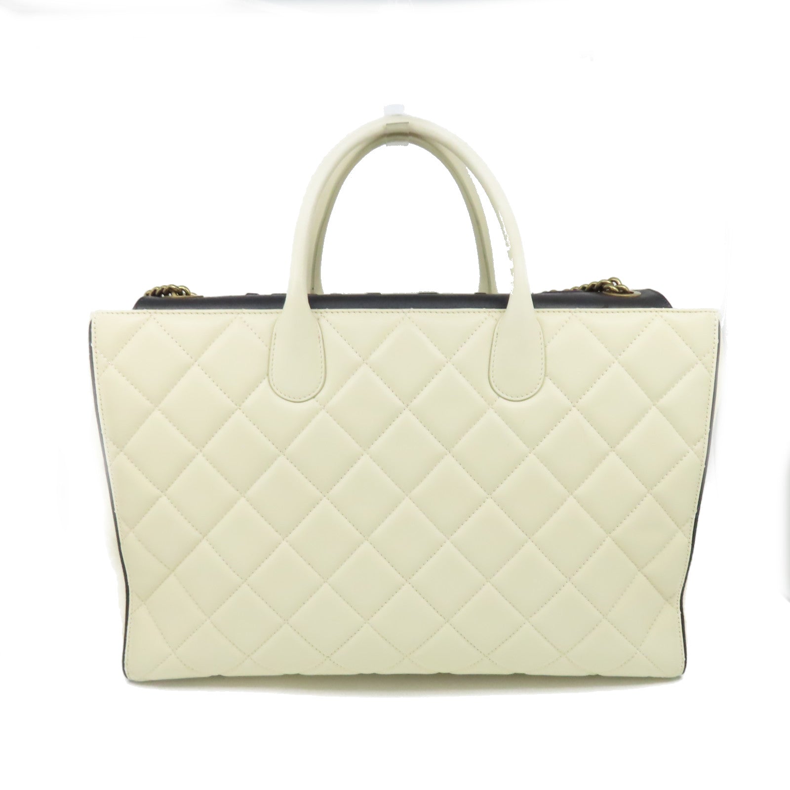 CHANEL 菱格牛皮皮革2Way Shoulder Bag金扣鏈帶手挽肩背兩用袋米白色/黑色