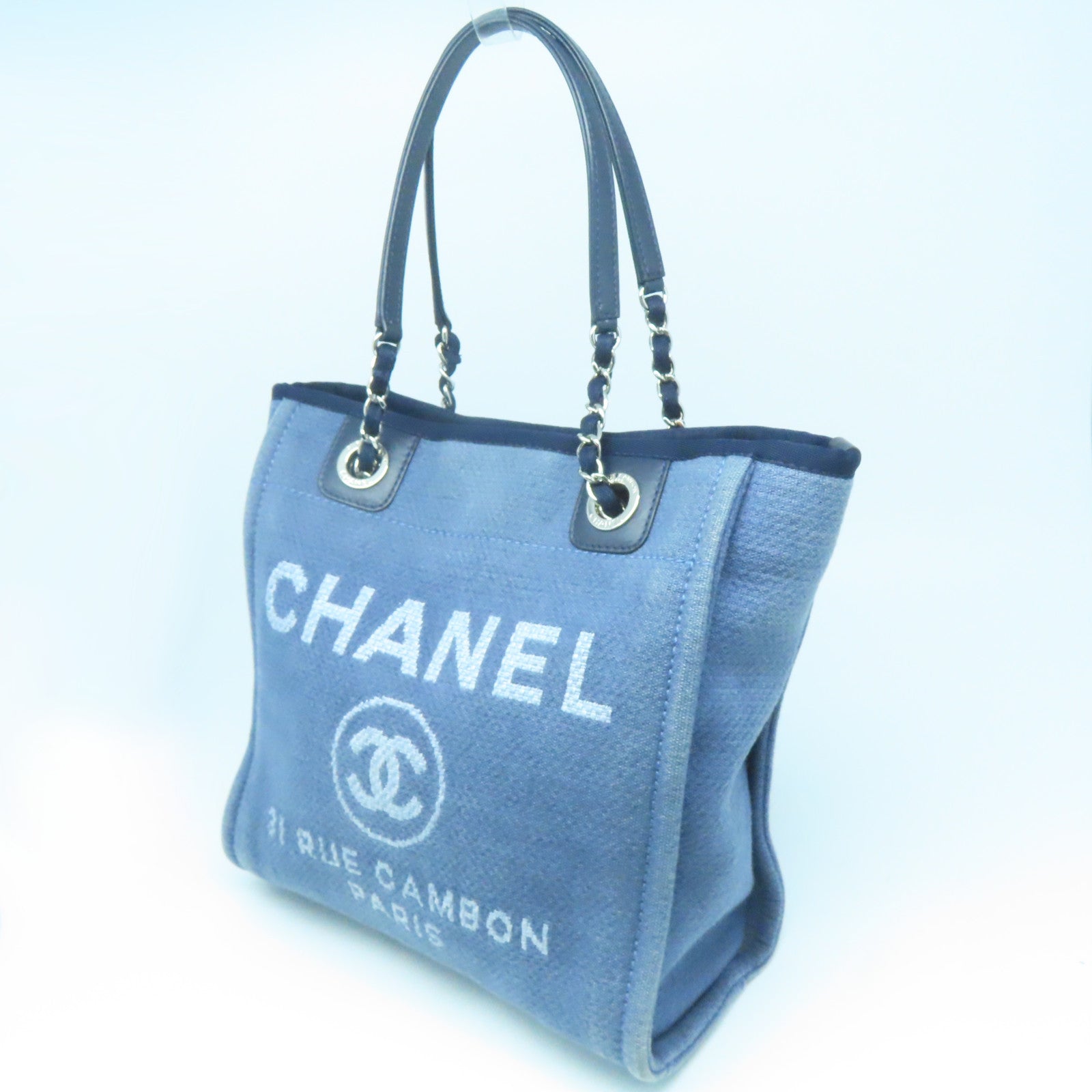 CHANEL 帆布Shoulder Bag银扣链带肩背袋蓝色