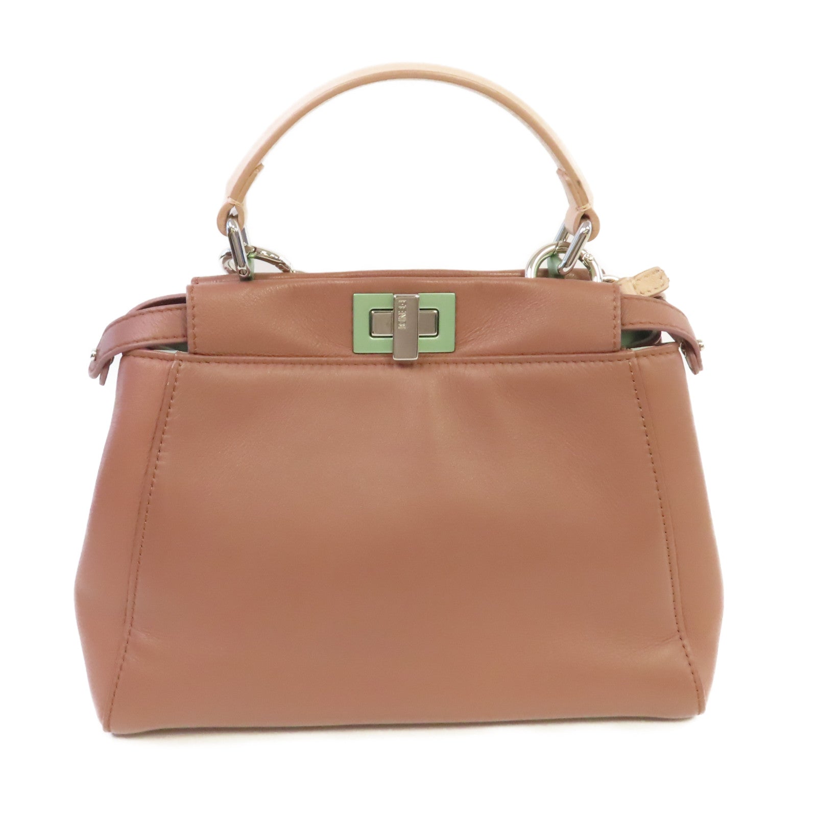 FENDI 羊皮皮革Peekaboo Mini 2Way Shoulder Bag銀扣手挽肩背兩用袋粉杏色