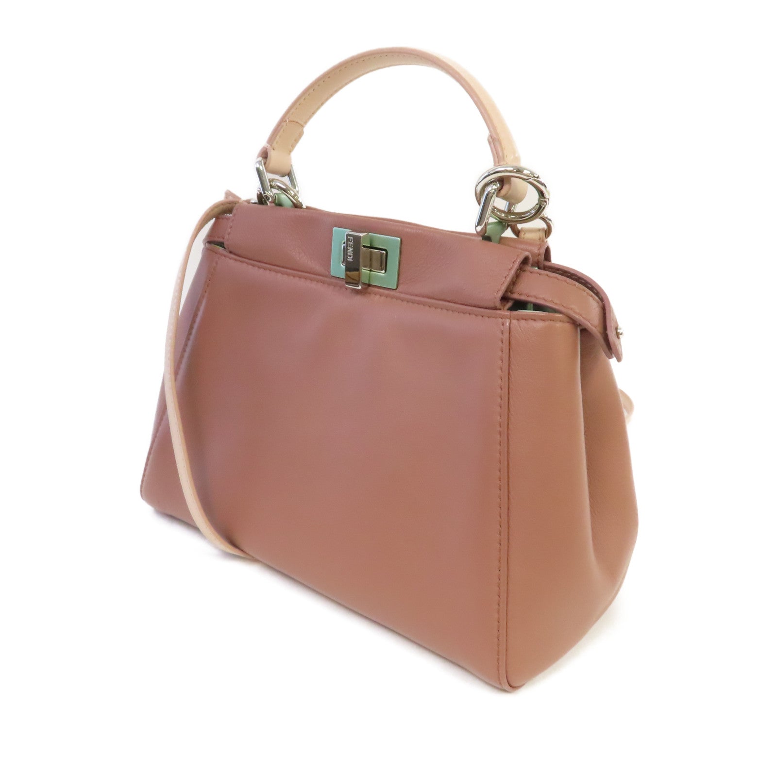 FENDI 羊皮皮革Peekaboo Mini 2Way Shoulder Bag銀扣手挽肩背兩用袋粉杏色